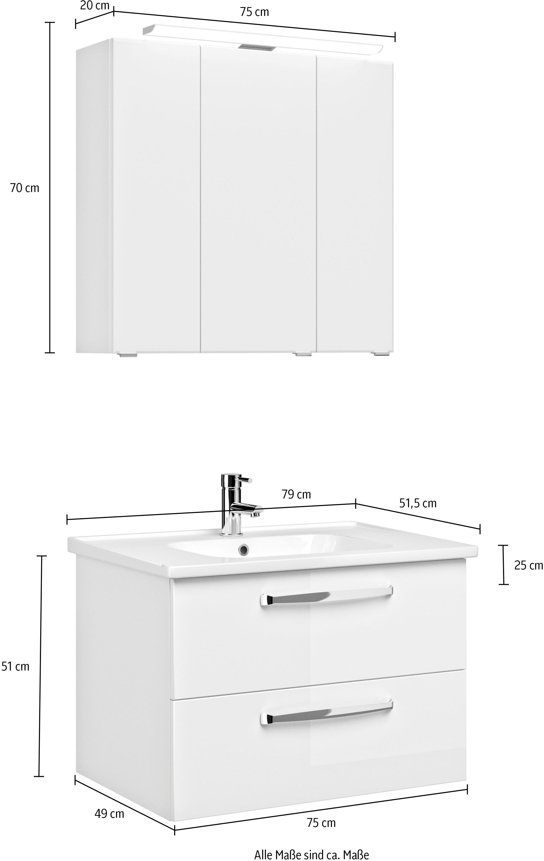 Saphir Badmeubelset Trentino 2-delig keramische wasbak, spiegelkast met LED-lamp Badkamermeubel-set 79cm breed, incl. deurdemper, 3 deuren, 2 lades (3 stuks)