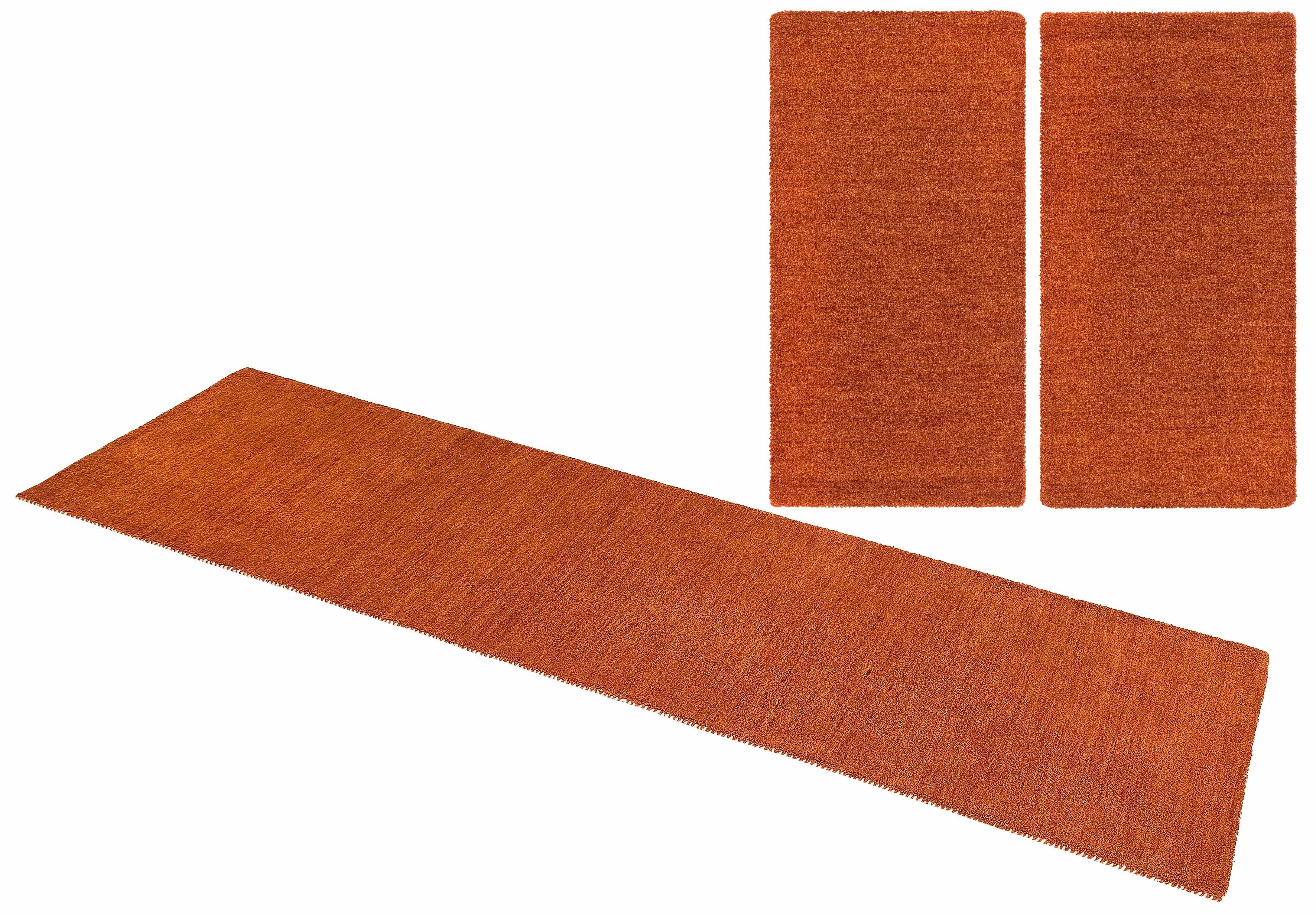 THEKO Set slaapkamerkleedjes Gabbeh uni, handgeweven tapijt, gemêleerd, 100% wol Slaapkamerkleed, unikleuren, met de hand geweven, loper-set, slaapkamer