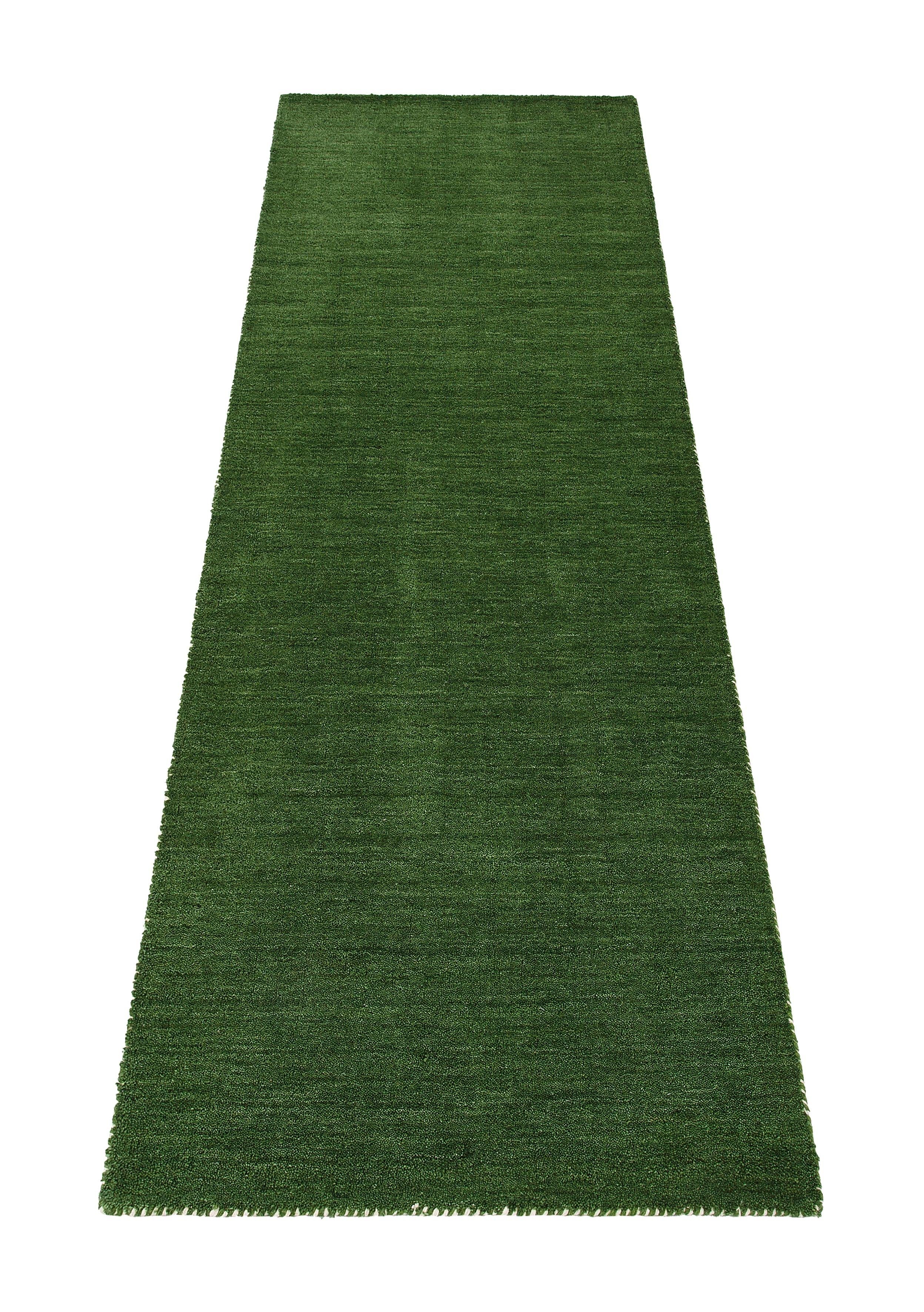 THEKO Loper Gabbeh uni, Handgeweven vloerkleed, mêlee, zuivere wol, met de hand geweven lopers maat 11 groen