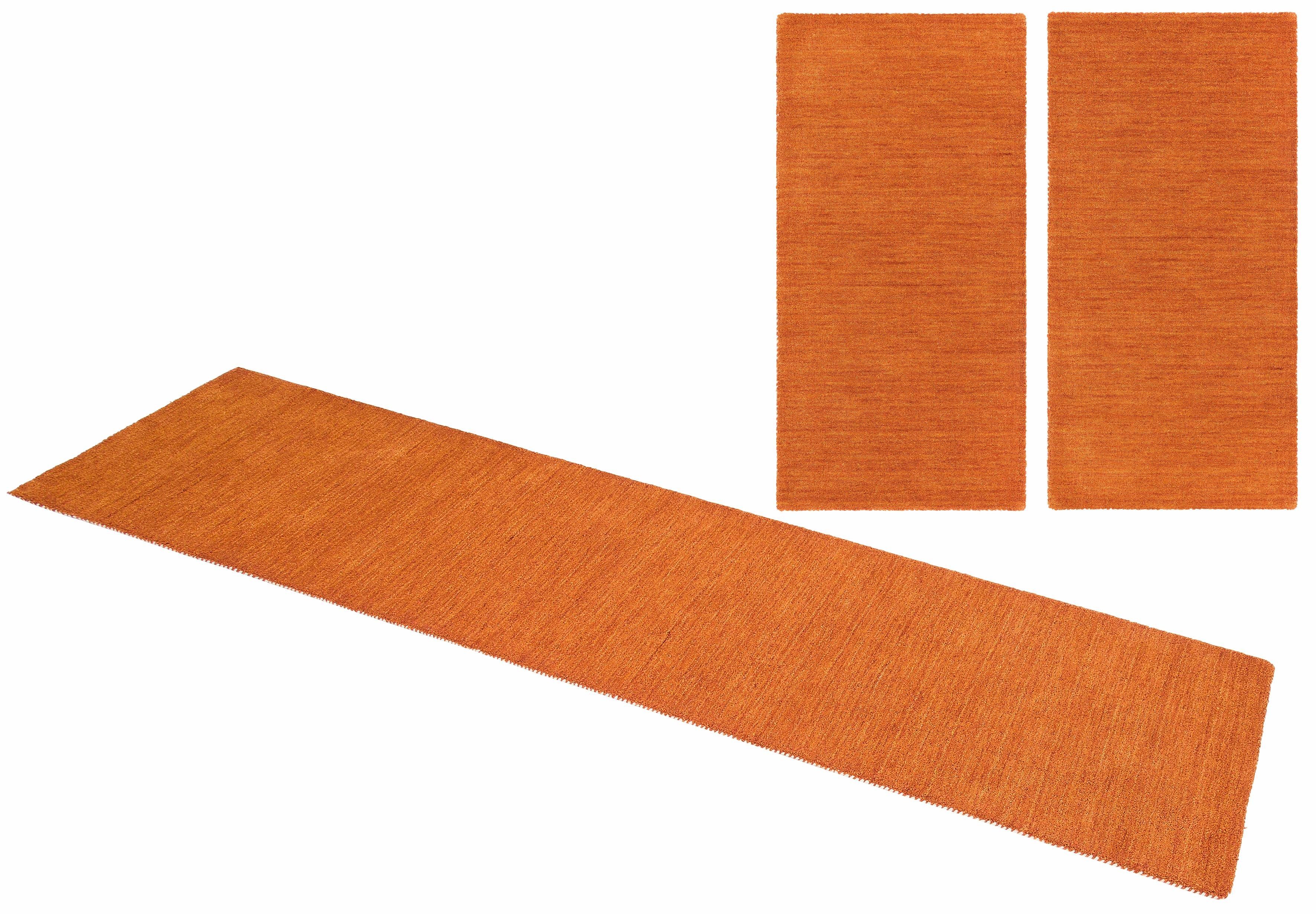 THEKO Set slaapkamerkleedjes Gabbeh uni, handgeweven tapijt, gemêleerd, 100% wol Slaapkamerkleed, unikleuren, met de hand geweven, loper-set, slaapkamer