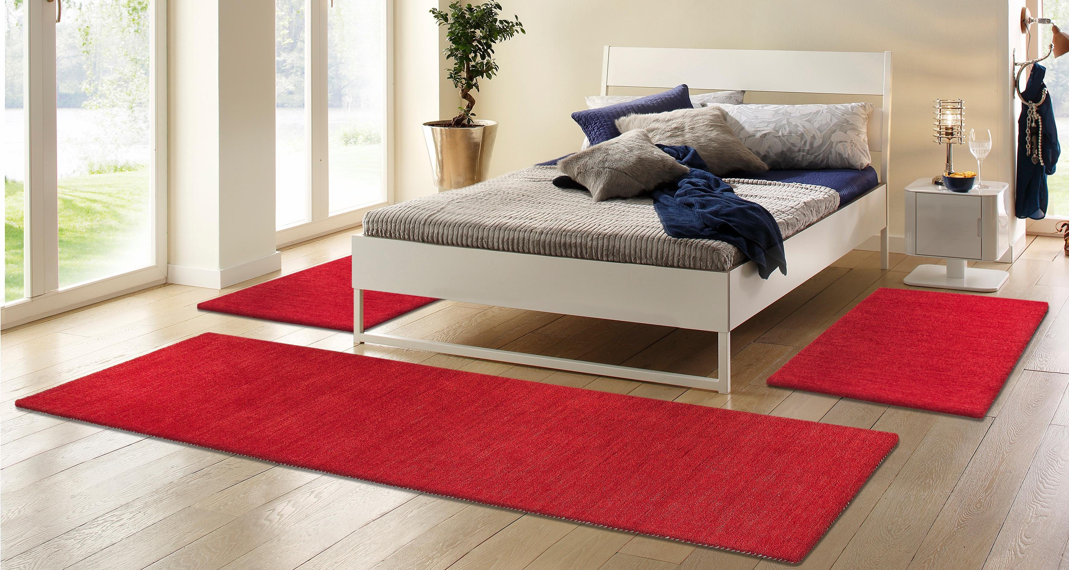 THEKO Set slaapkamerkleedjes Gabbeh uni, handgeweven tapijt, gemêleerd, 100% wol Slaapkamerkleed, unikleuren, met de hand geweven, loper-set,