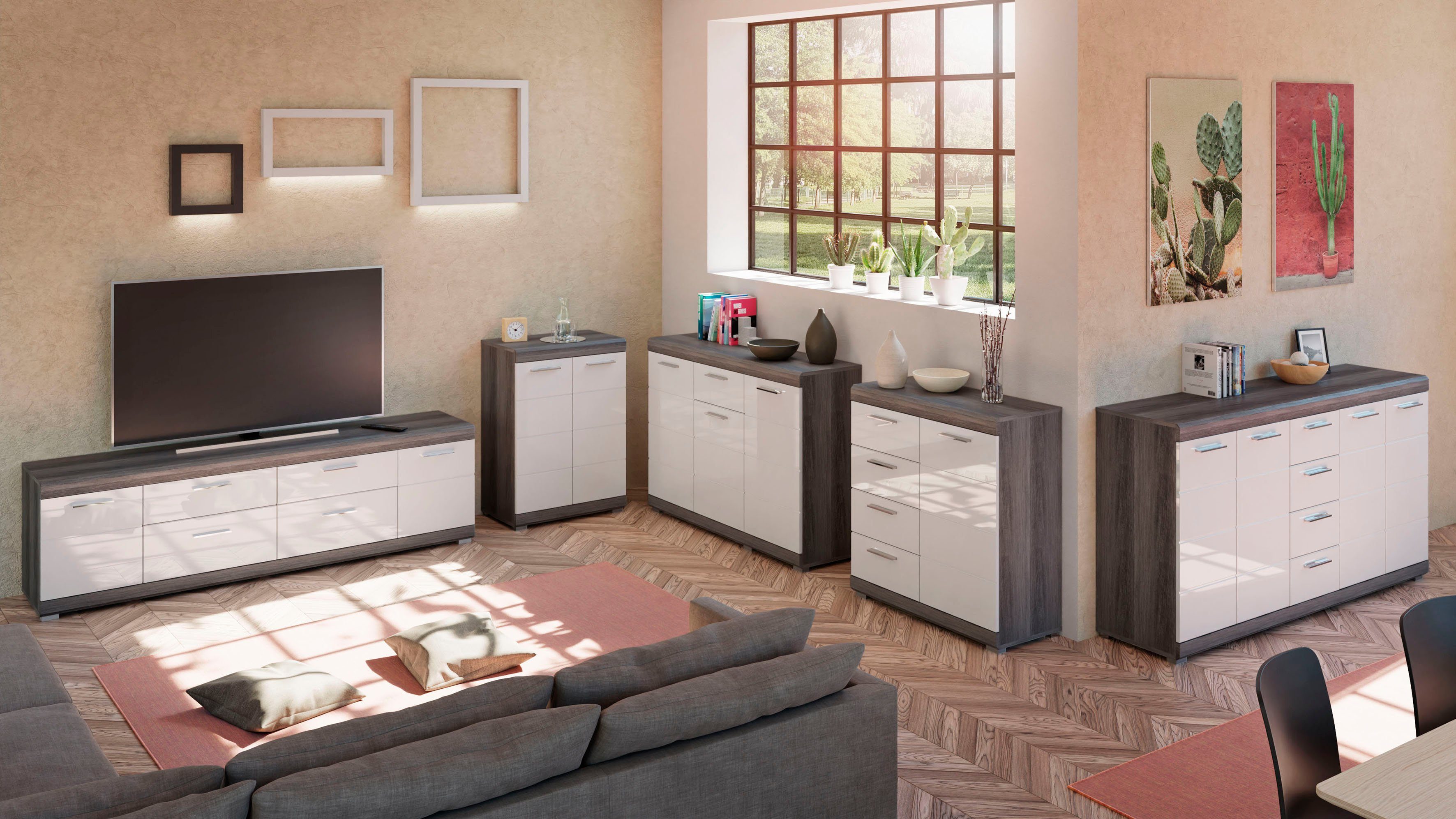 INOSIGN Kast Siena, breedte 80 cm, 1 deur, 2 legplanken, 3 vakken, 4 lades Front-groeffreesing, schoenenkommode, schoenenkast, buffetkast, sideboard