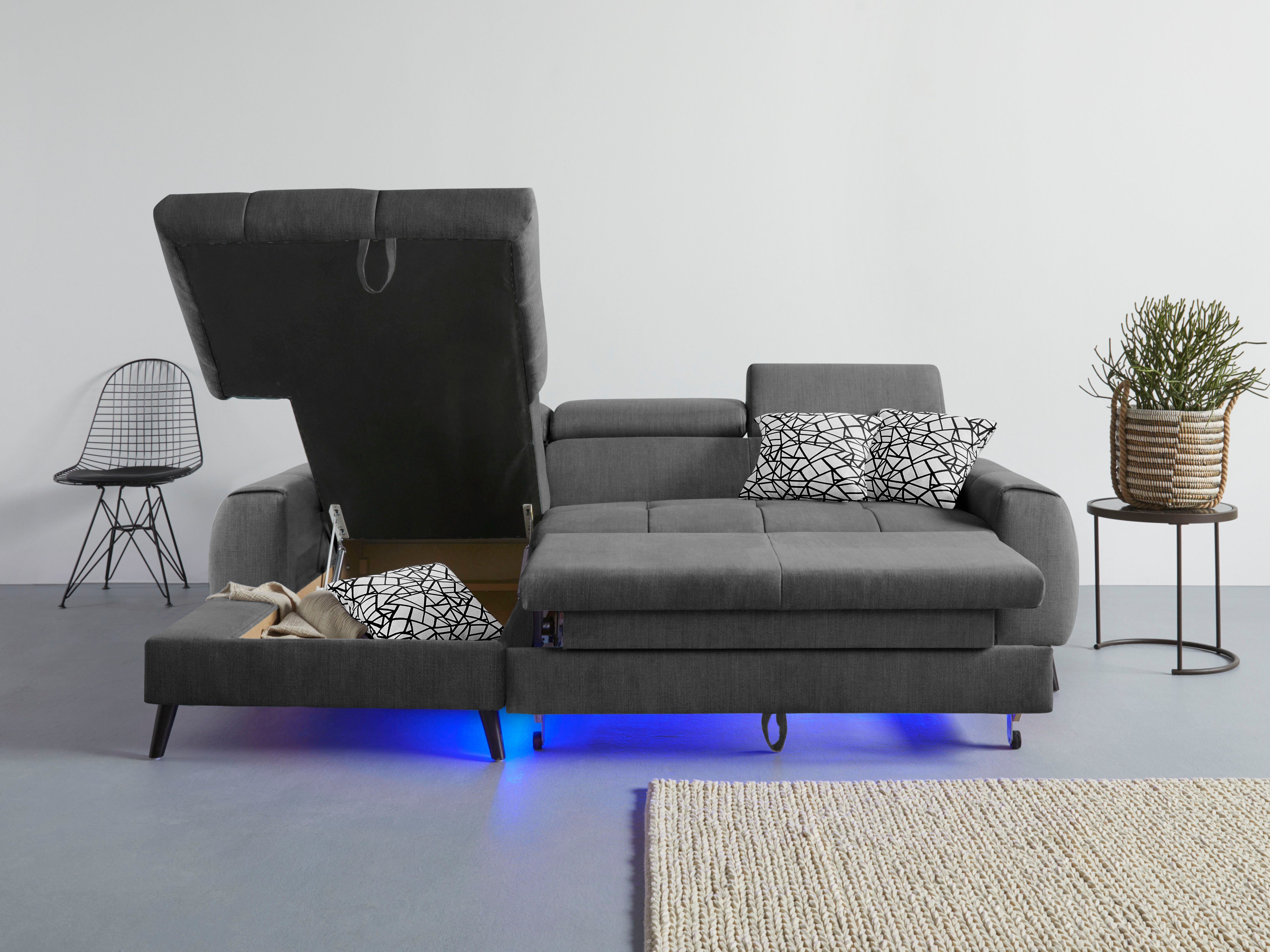 COTTA Hoekbank Mia L-vorm met 3 sierkussens 3-delige kussenset, récamier, naar keuze met of zonder rgb-verlichting