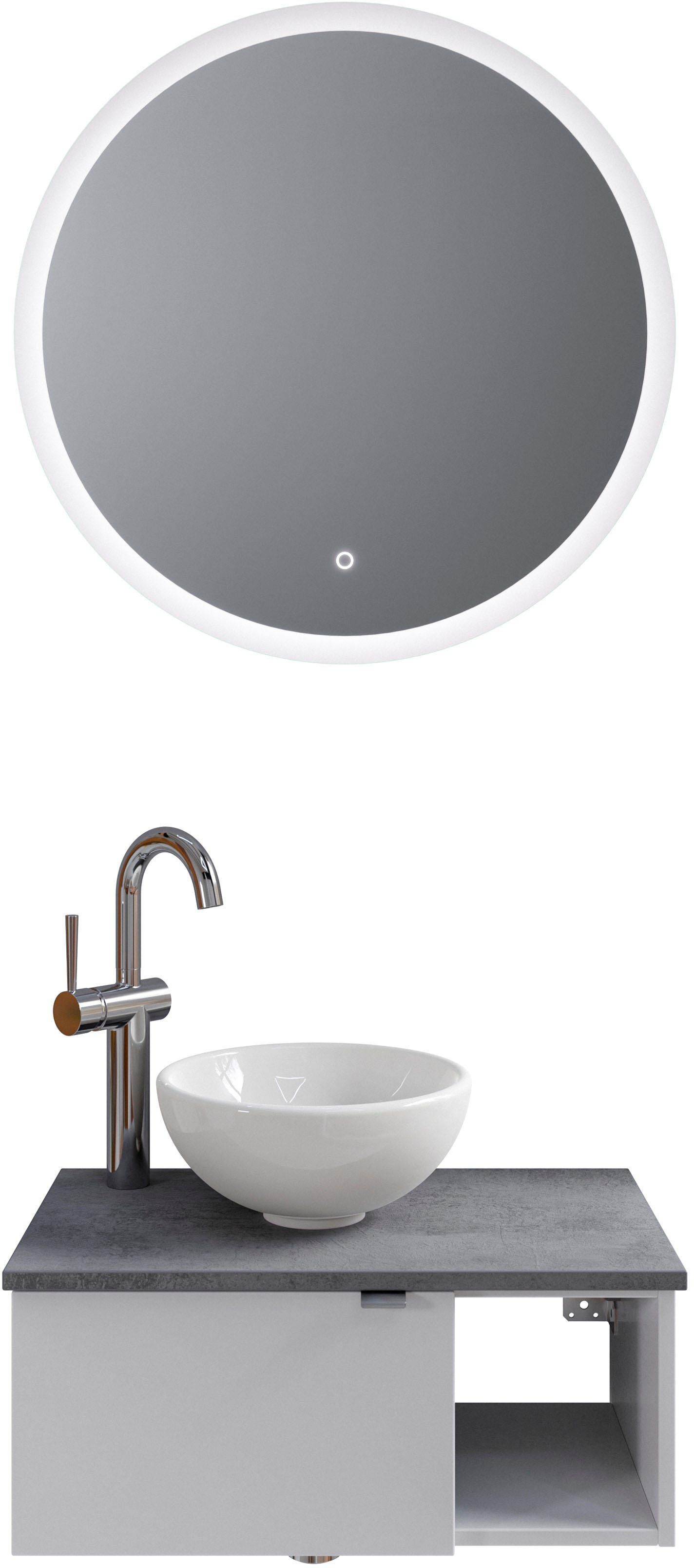 Saphir Badkamerserie Serie 6915 Gastenbadkamer, 70 cm breed, met led-spiegel, open vak en 1 deur (4-delig) badmeubelsets wit
