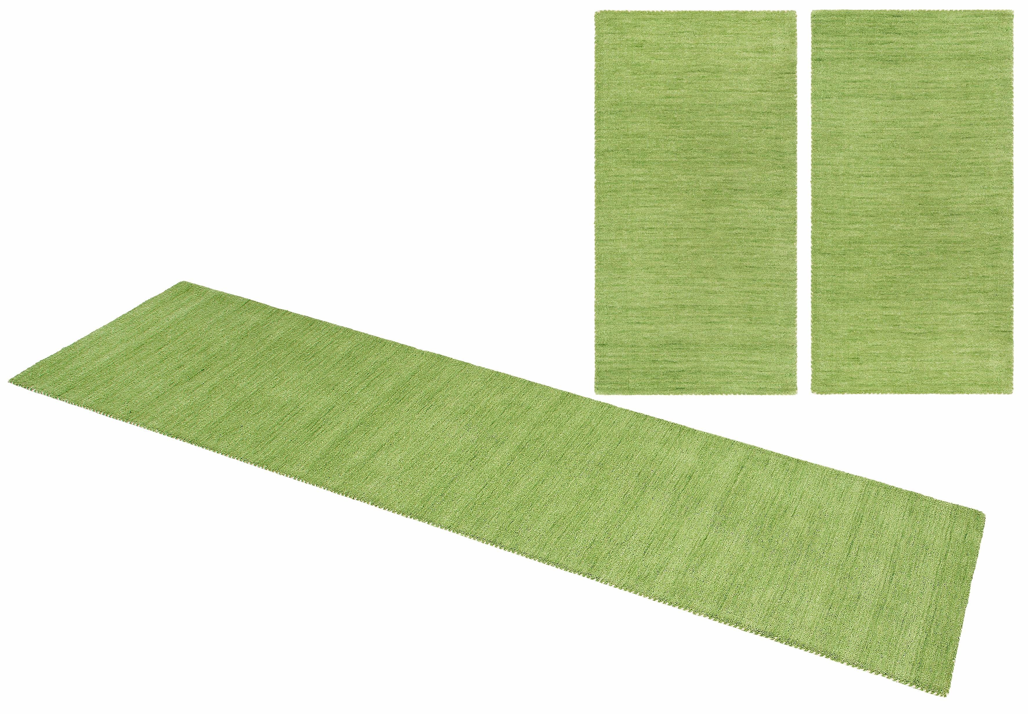 THEKO Set slaapkamerkleedjes Gabbeh uni, handgeweven tapijt, gemêleerd, 100% wol Slaapkamerkleed, unikleuren, met de hand geweven, loper-set, slaapkamer