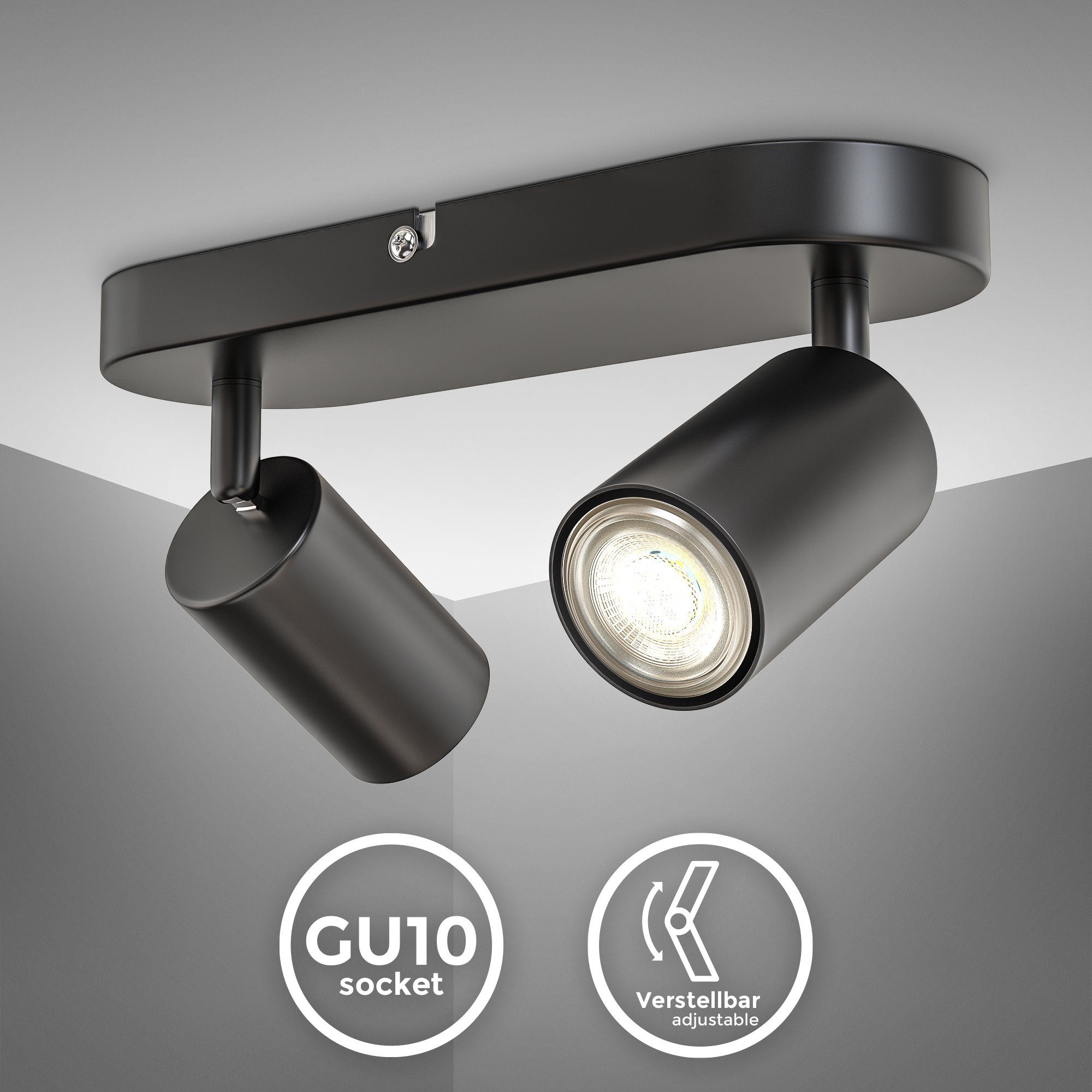 B.K.Licht Plafondspotje 2-vlamige spotlamp, kantelbaar, draaibaar, zwart, zonder lichtbron