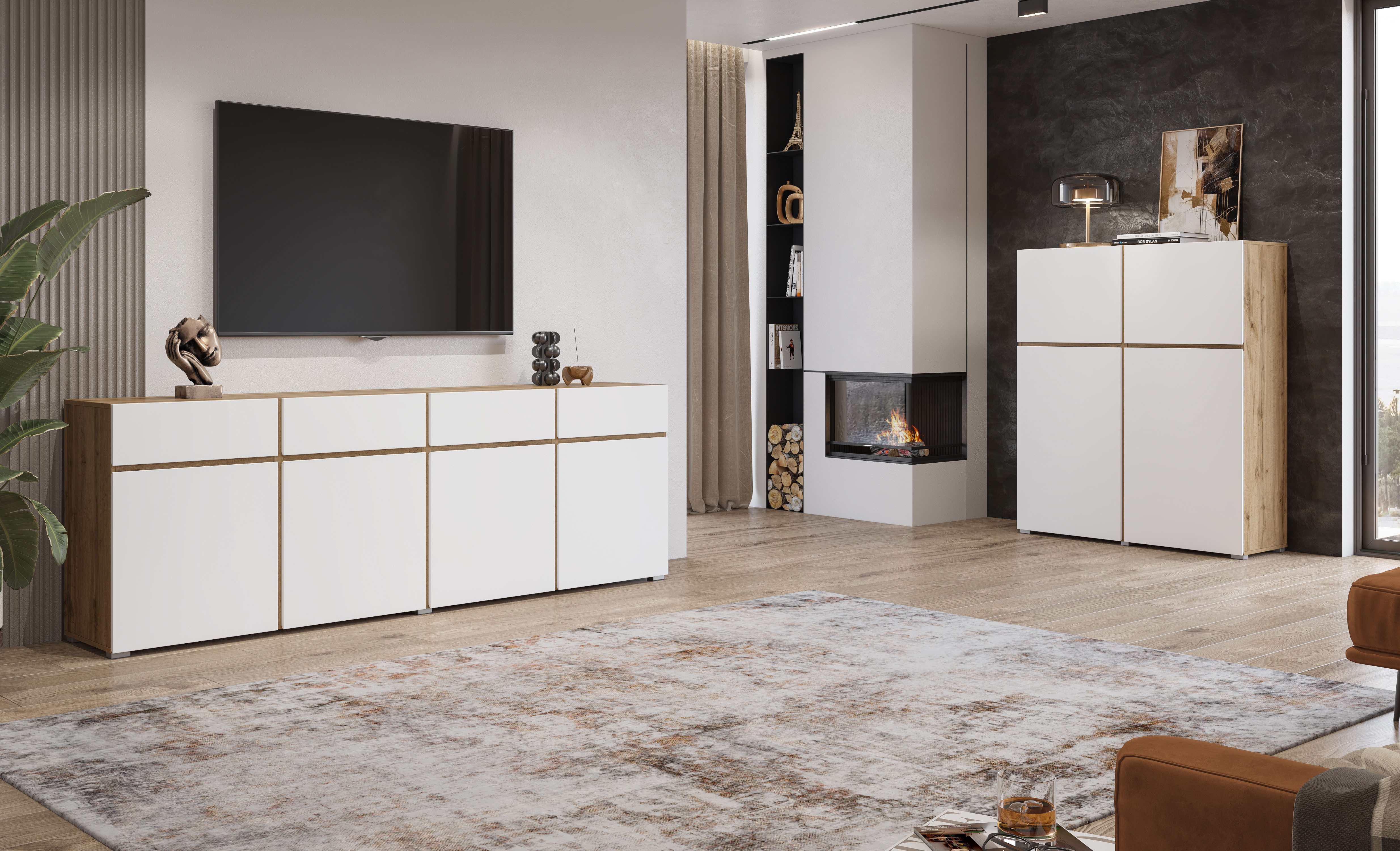 INOSIGN Highboard Cross, moderne greeploze hoge kast met 4 deuren,kast met deur Hoge kast, hoogte 139 cm met veel bergruimte, planken verstelbaar