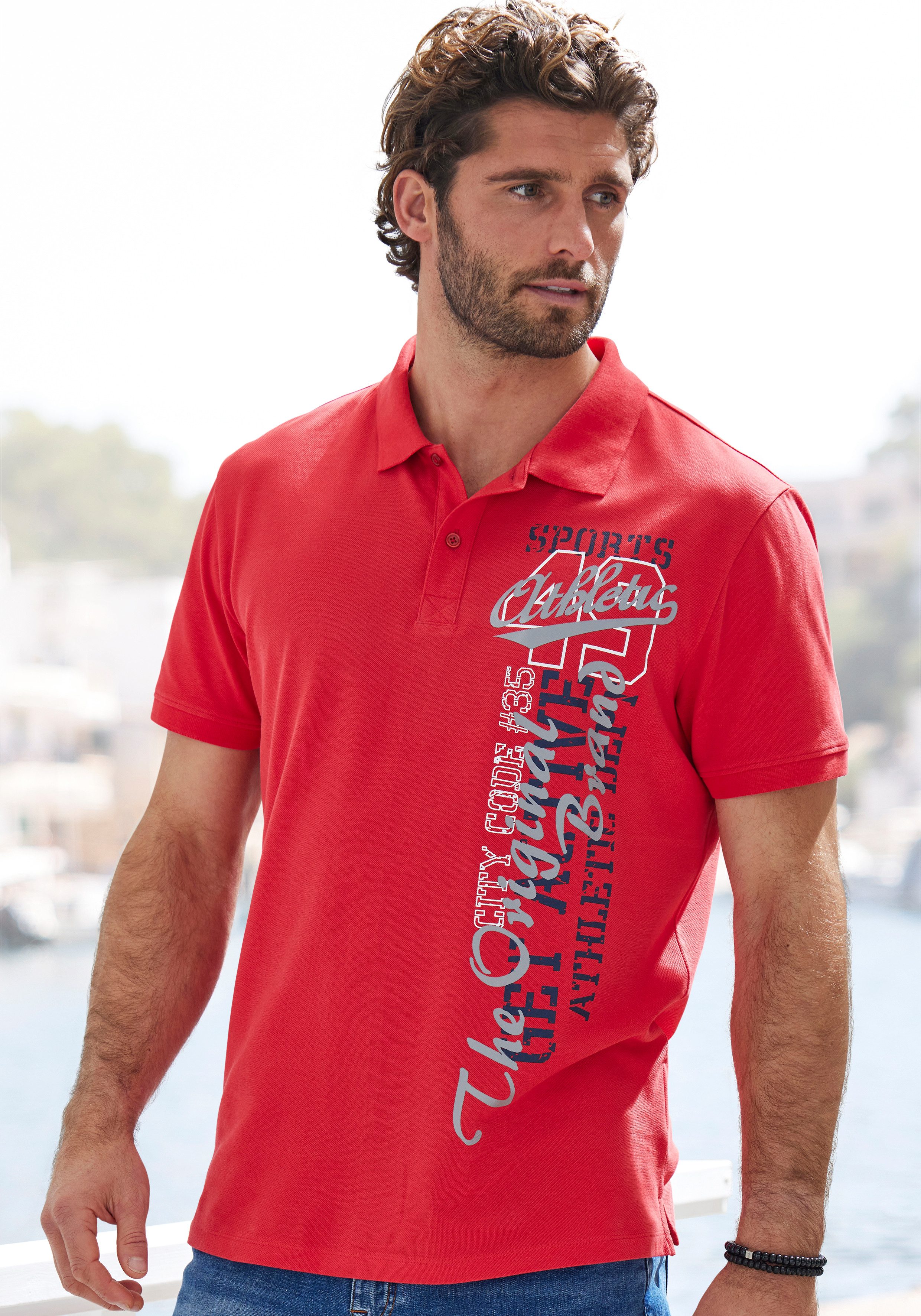 John Devin Poloshirt met grote print aan de voorkant van katoen-piqué heren poloshirts maat M (48/50) rood