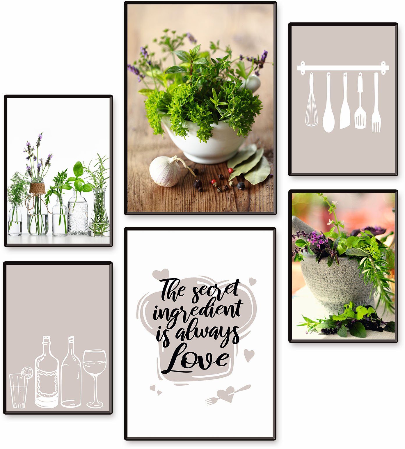 Artland Poster Keukenkruiden & keukenhulpen 6-pack, 2xdin a3 / 4xdin a4, zonder lijst (set, 6 stuks) deurposters grijs