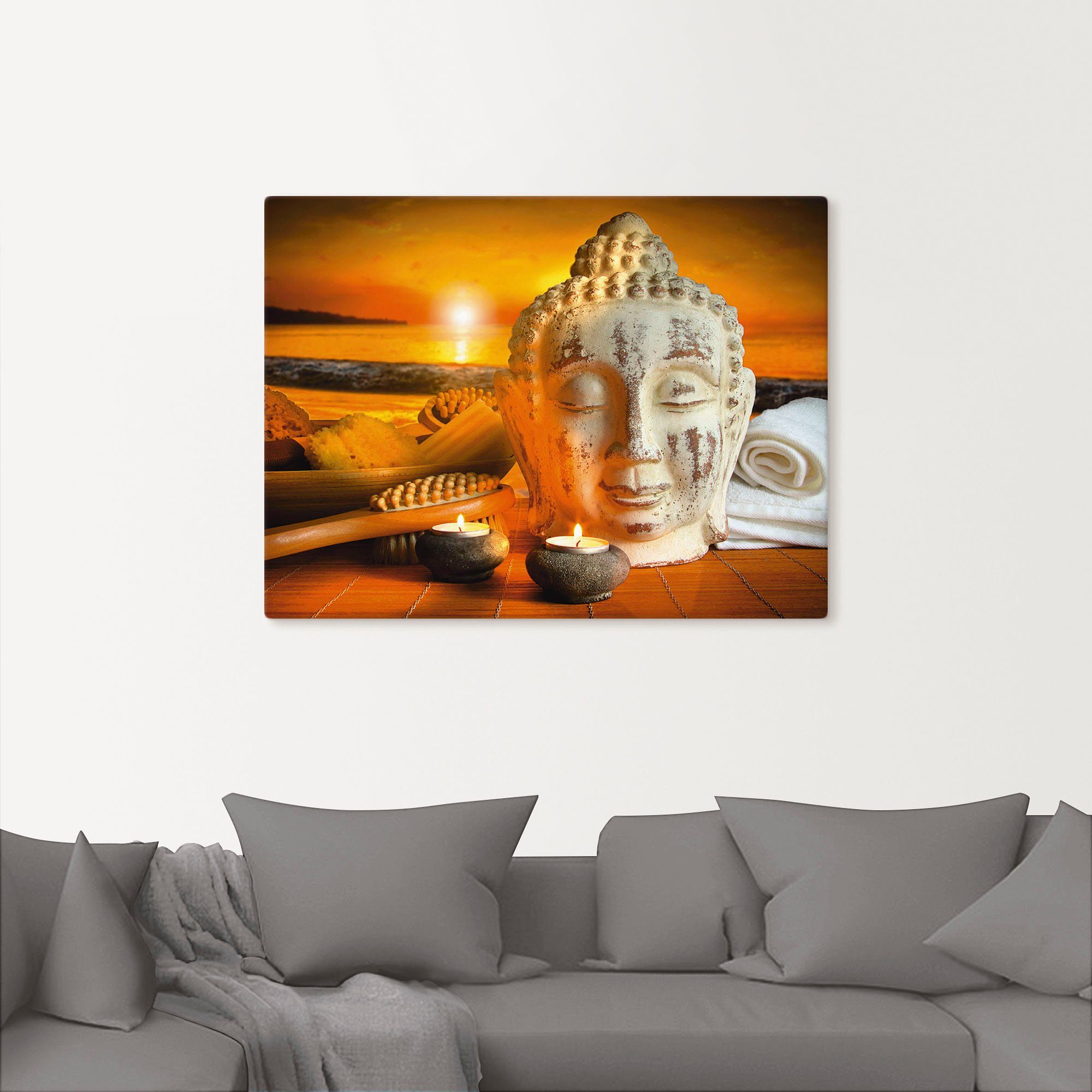 Artland Artprint Bad-accessoires met boeddha-standbeeld als artprint van aluminium, artprint op linnen, muursticker, verschillende maten