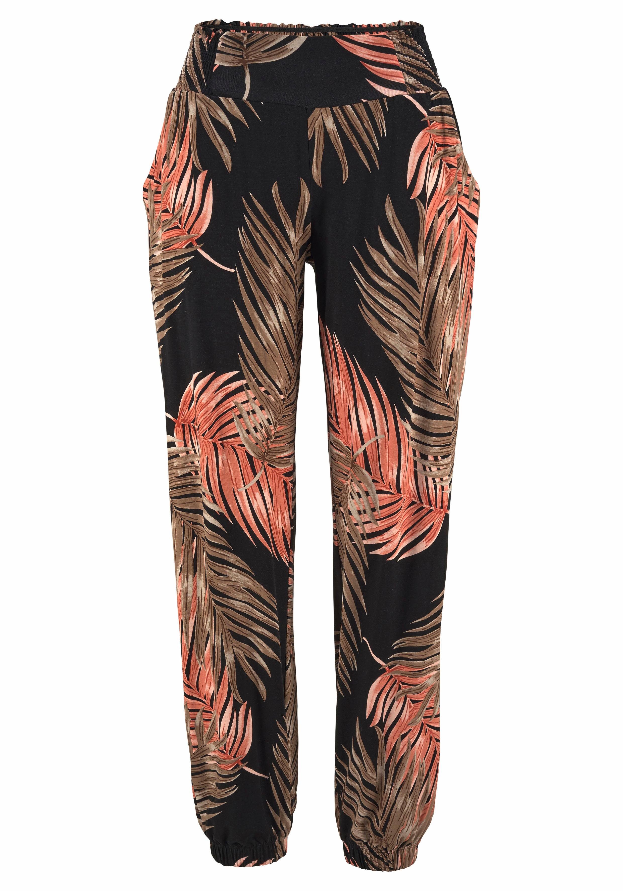 Lascana Strandbroek met print van palmbladeren en zakken, lichtgewicht en elastische jersey broek