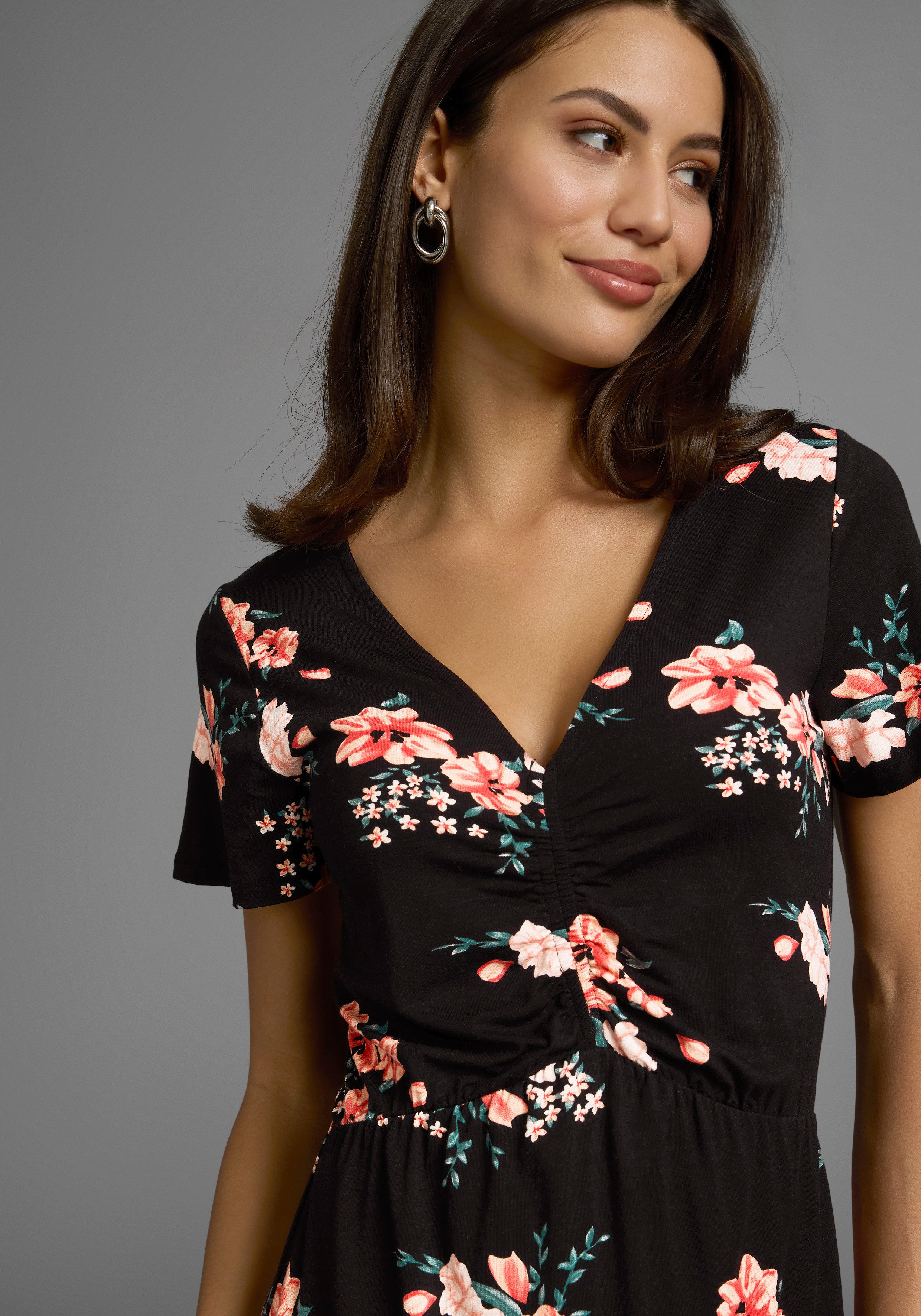 Laura Scott Midi-jurk met romantische bloemenprint en rimpeling - nieuwe collectie