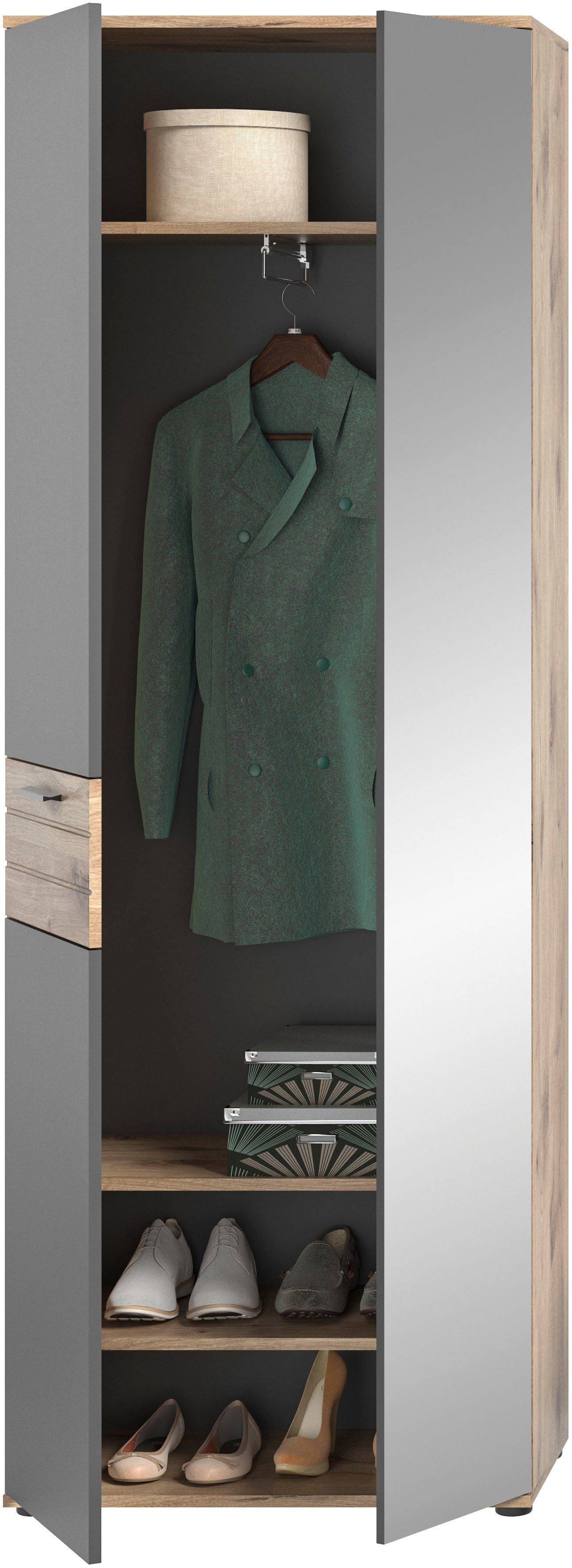 INOSIGN Kledingkast Riga, Hoogte 200 cm, 2 Deuren, 4 Planken, 1 Kledingstang met softclose, uittrekbare kledingstang, universeel inzetbare kast