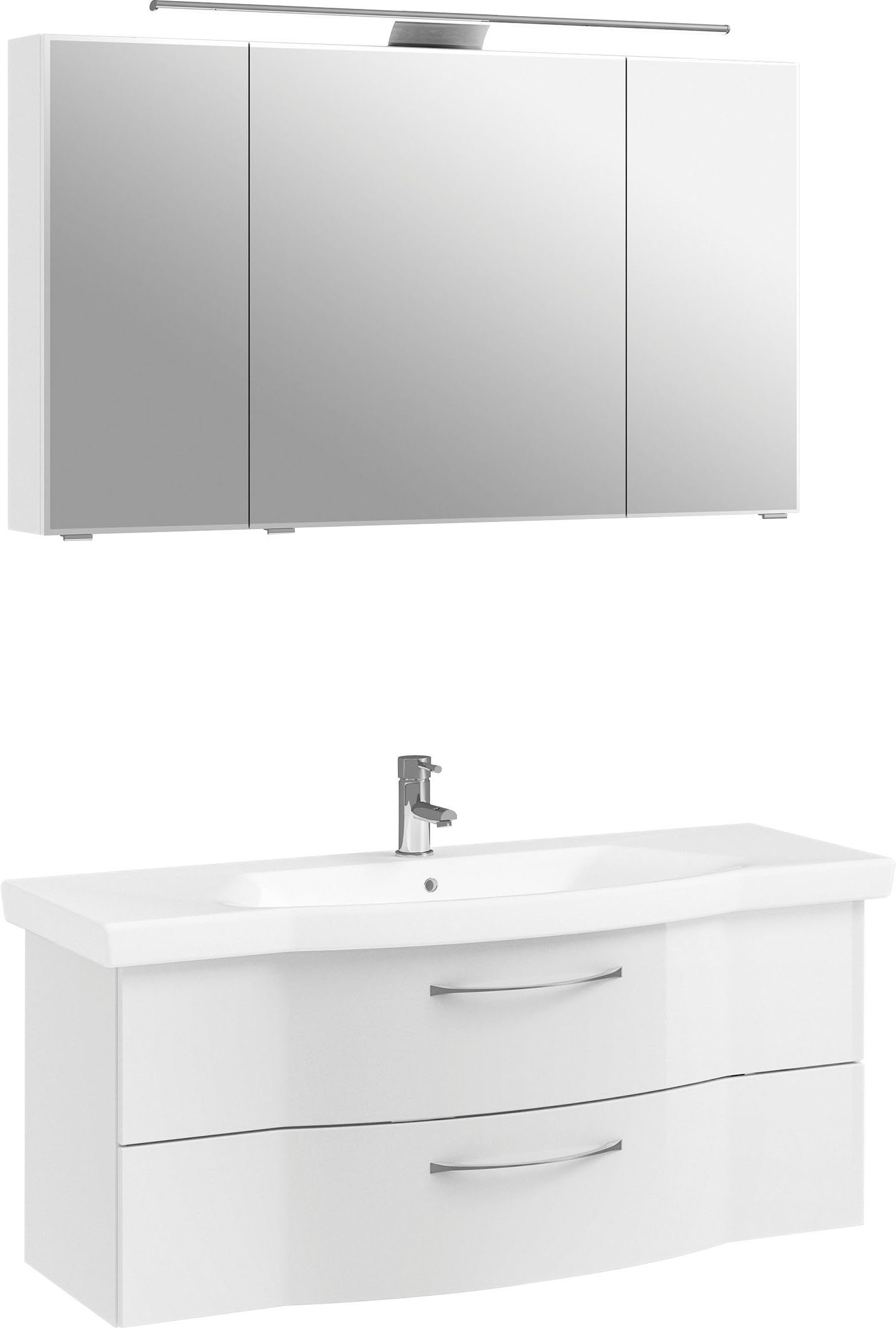 Saphir Badkamerserie 6005 sprint keramiek-wastafelonderkast met led-spiegelkast, 122 cm breed Wastafelmeubel inclusief deurdemper, 3 deuren, 2 laden, wastafelonderkast set (2-delig)