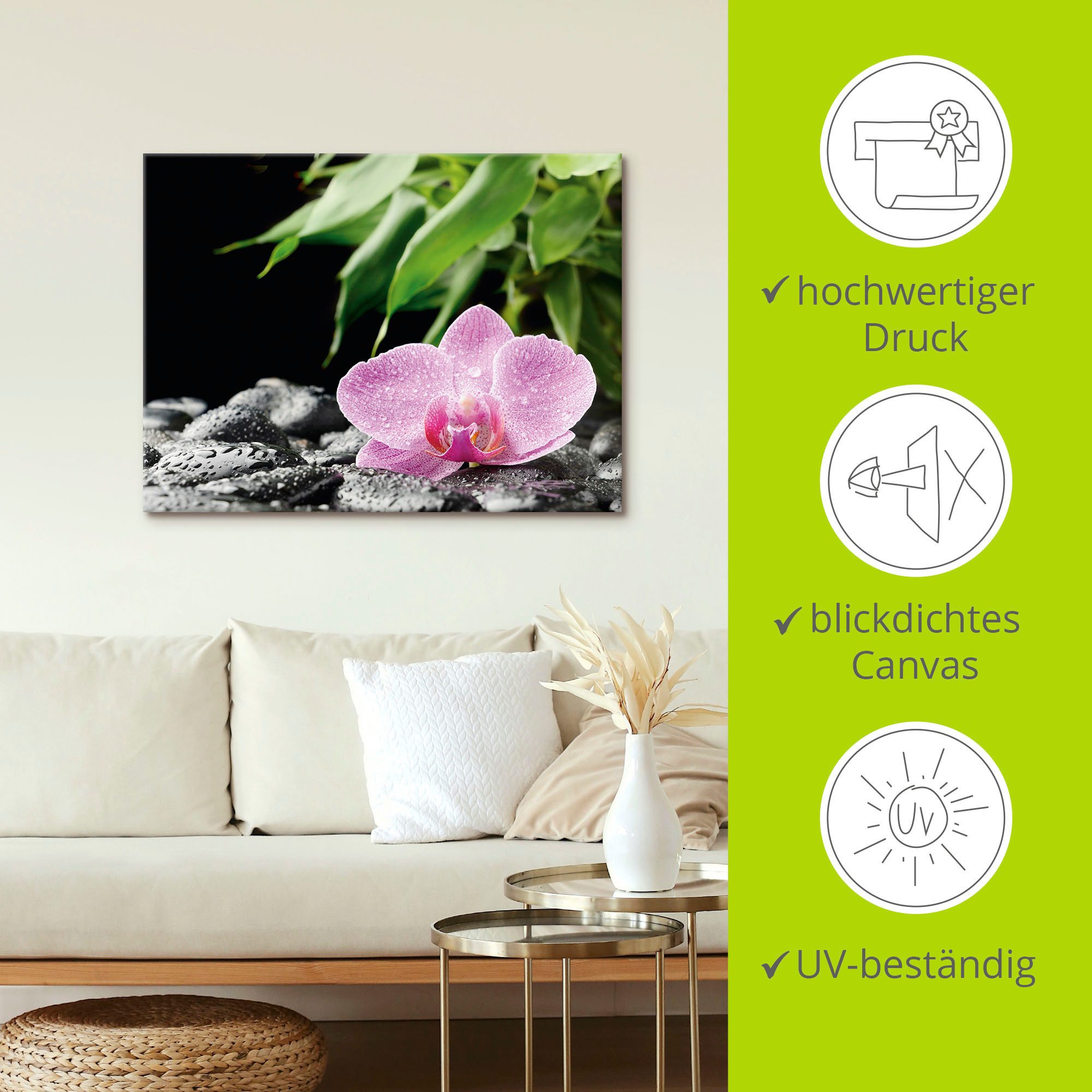 Artland Artprint Roze orchidee op zwarte zen stenen als artprint op linnen, poster in verschillende formaten maten