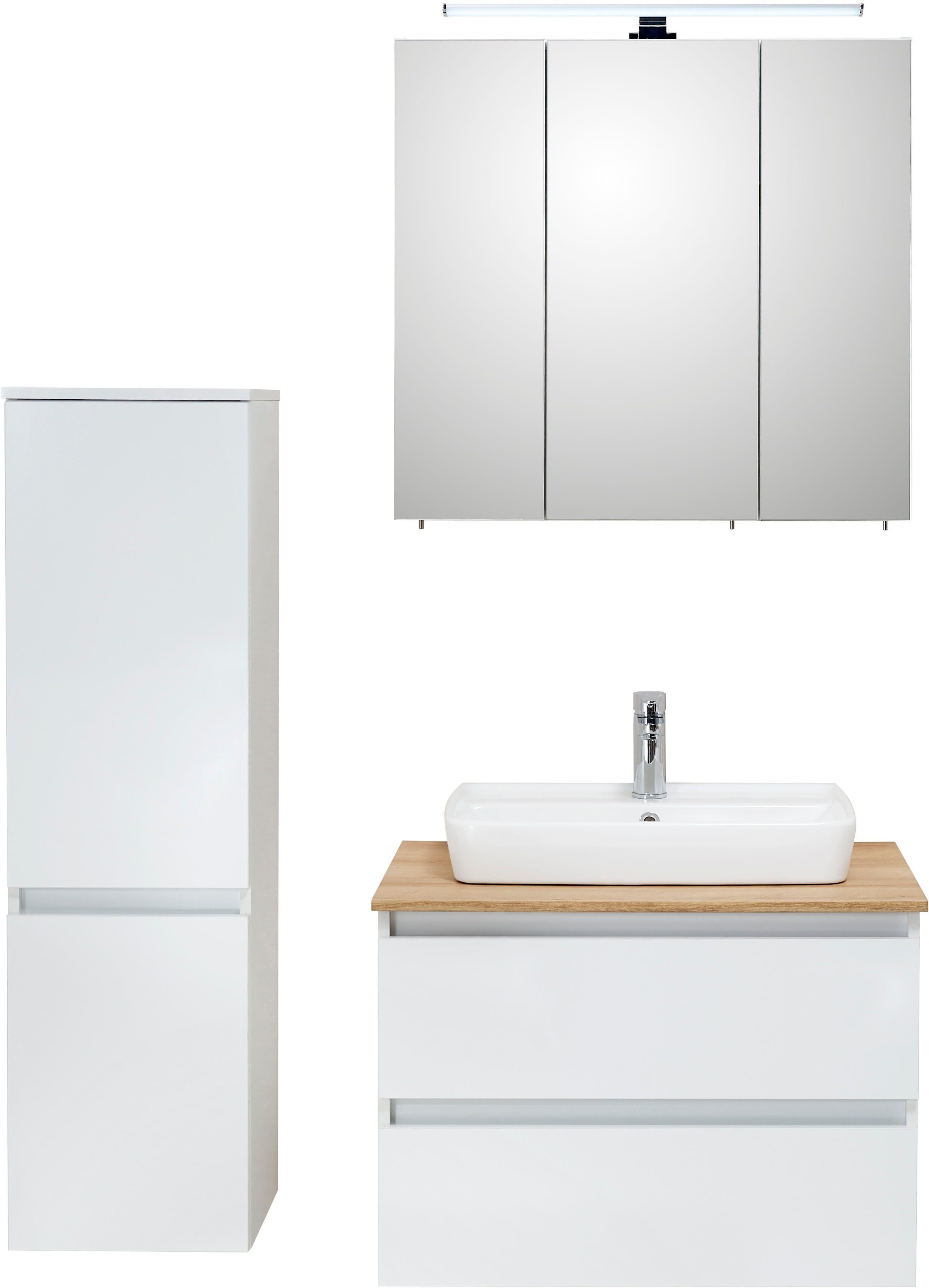 Saphir Badkamerserie Quickset 360 3-delig, keramieken opzetwasbak met led-spiegelkast (5-delig) badmeubelsets wit