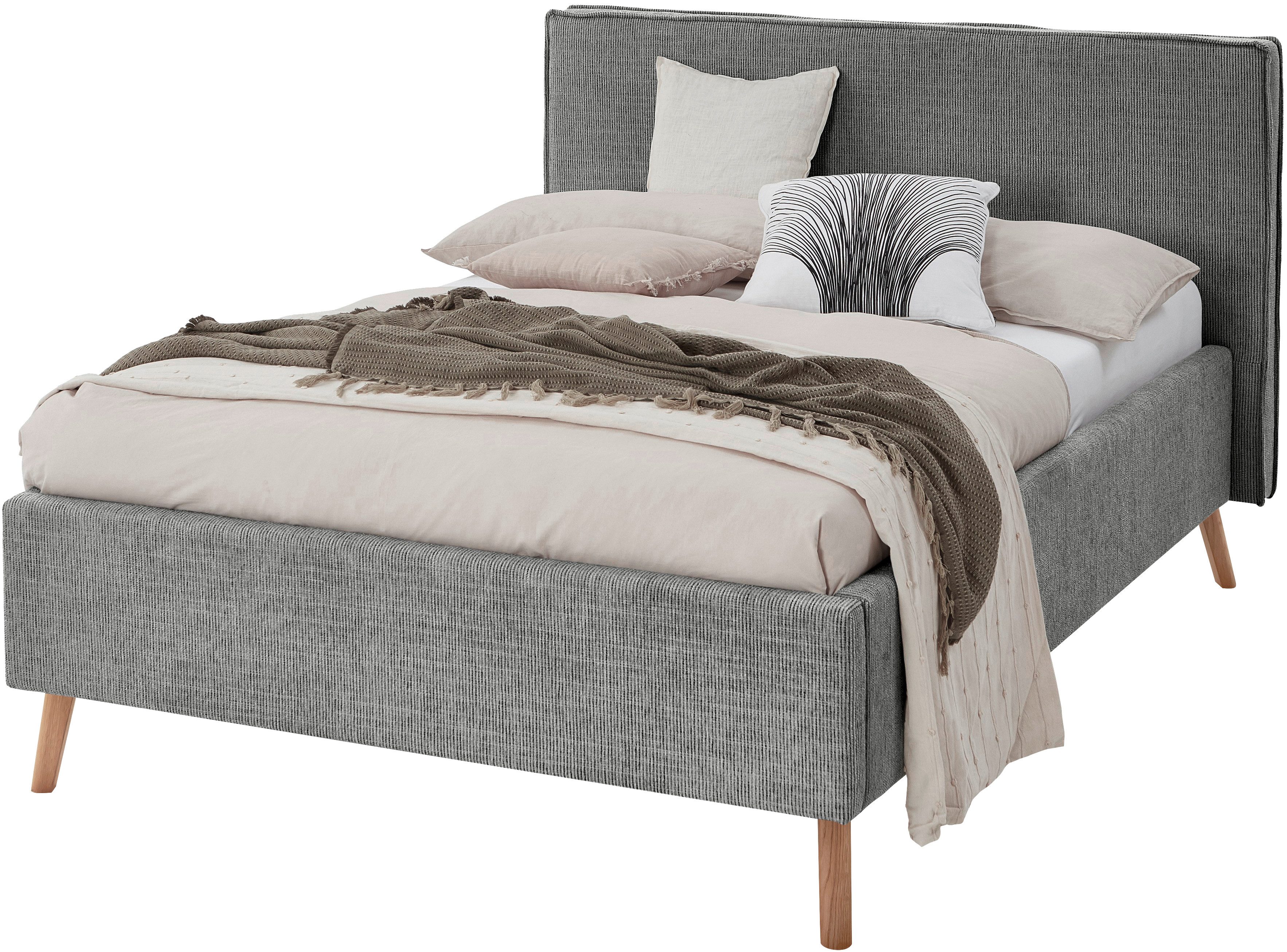 meise.möbel Gestoffeerd bed Riva met eikenkleurige houten poten, naar keuze met bedkist en lattenbodem