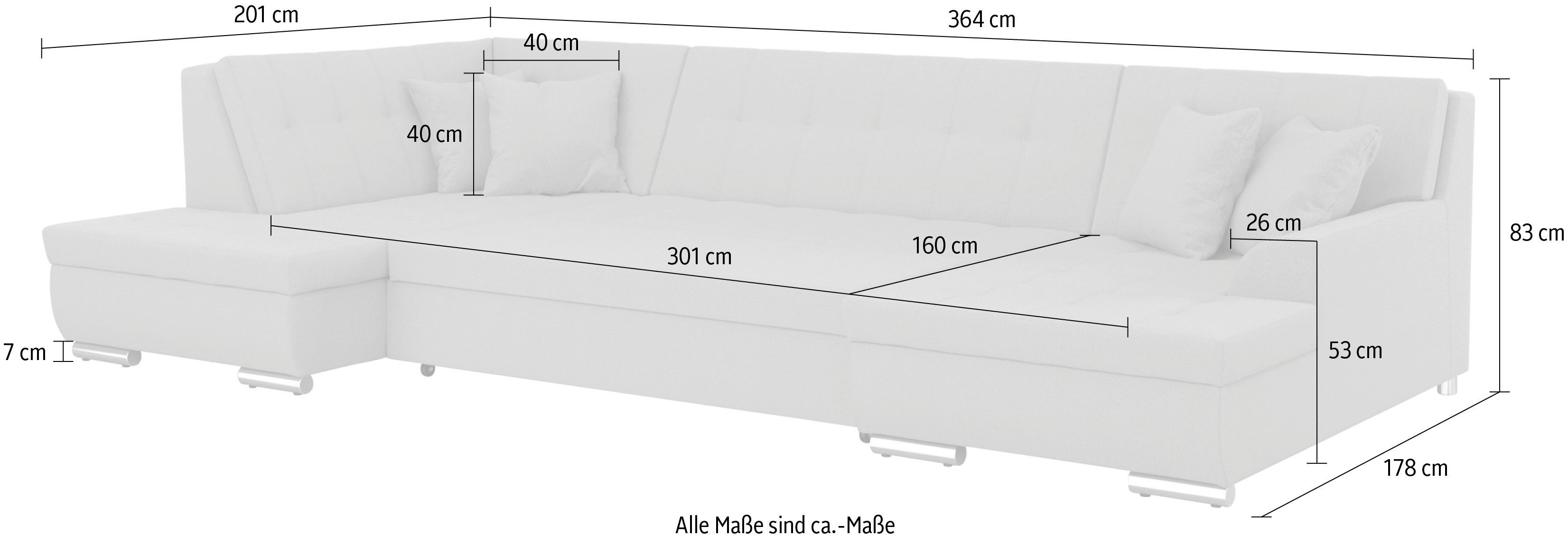 DOMO collection Zithoek Treviso inclusief sierkussen, moderne stiksels, XXL: B/D/H: 364/201/83 cm naar keuze met slaapfunctie, in vele soorten bekleding ook in cord u-model