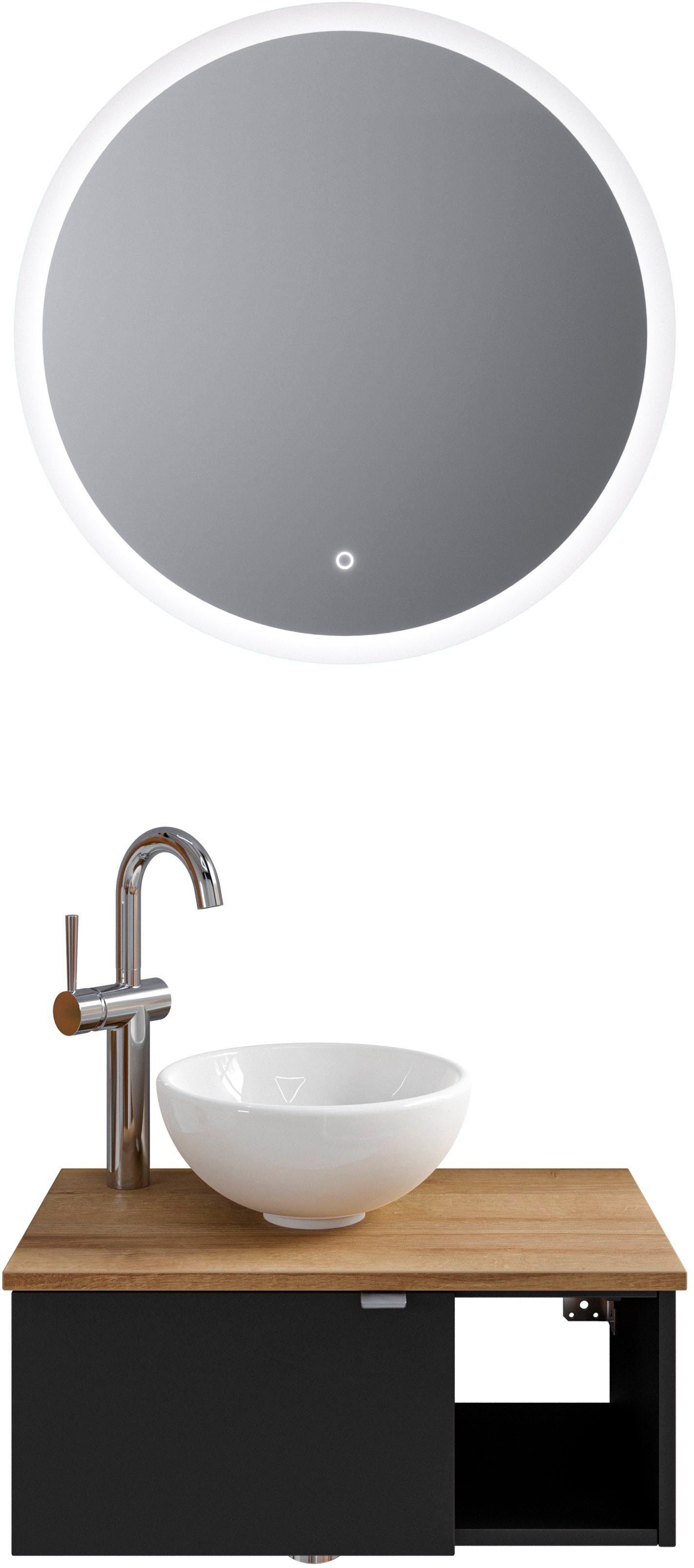 Saphir Badkamerserie Serie 6915 Gastenbadkamer, 70 cm breed, met led-spiegel, open vak en 1 deur (4-delig) badmeubelsets zwart