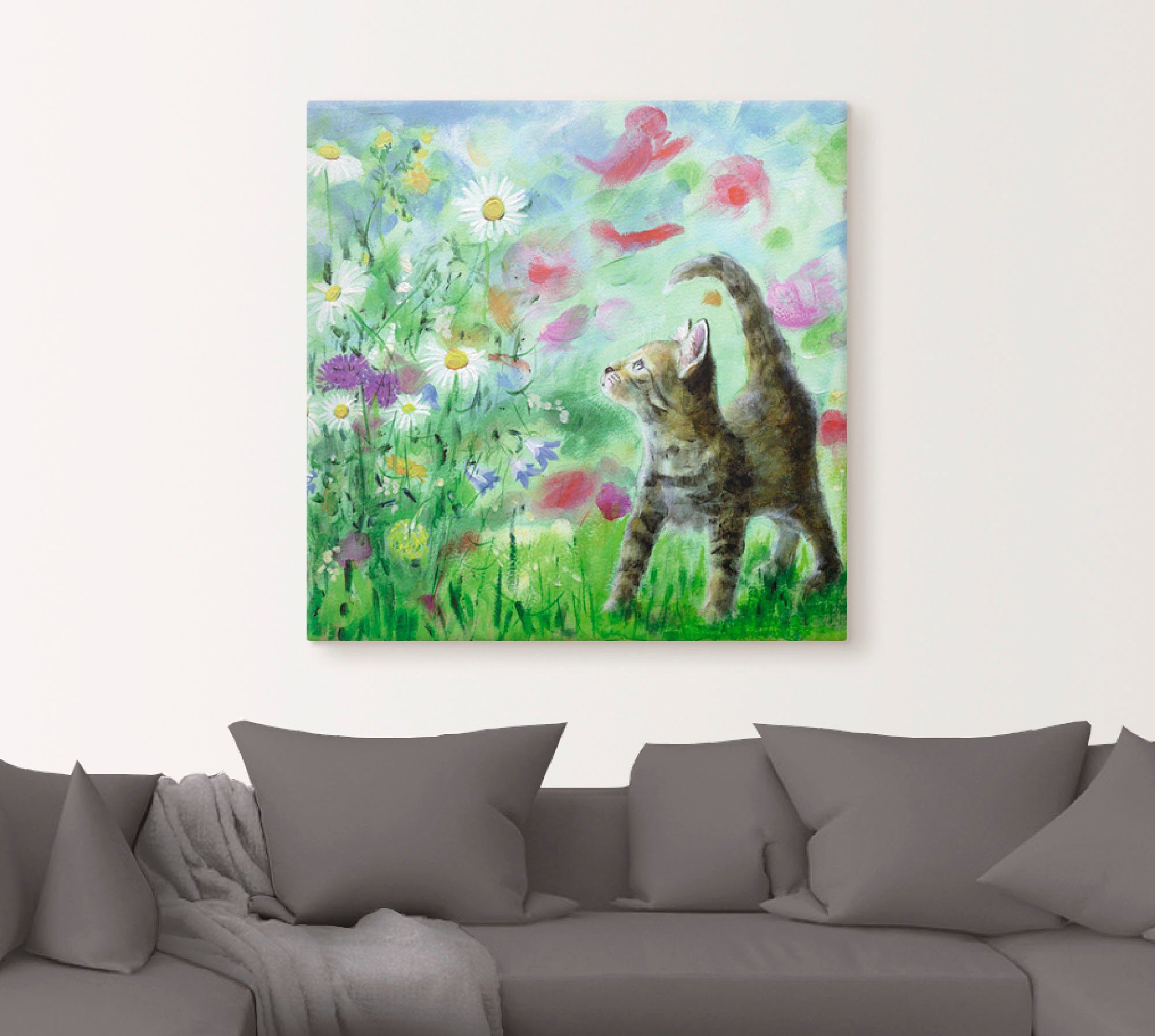 Artland Artprint Zomerweide met katje als artprint op linnen, poster, muursticker in verschillende maten