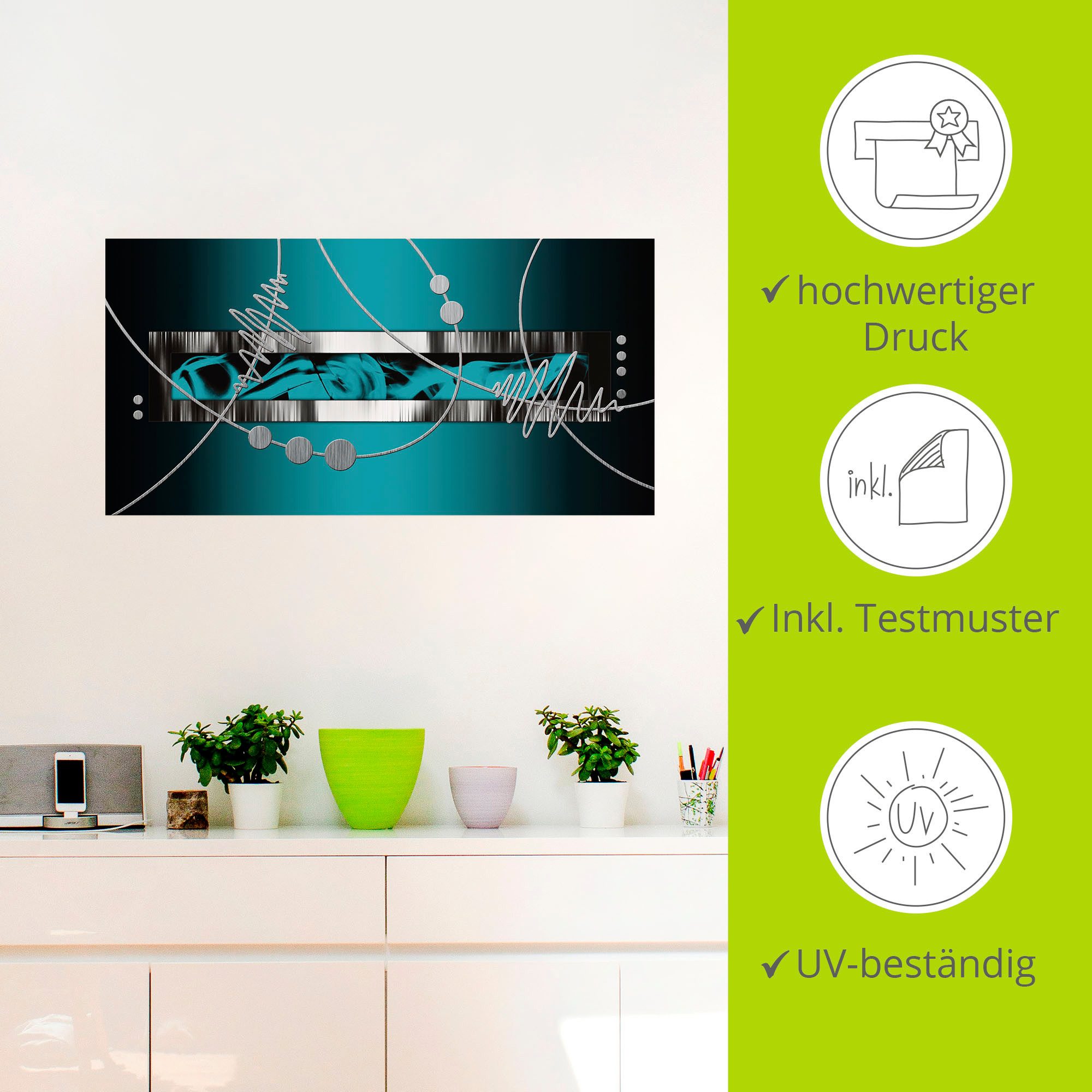 Artland Artprint Zilverkleur abstract op petrol als artprint van aluminium, artprint voor buiten, artprint op linnen, poster, muursticker