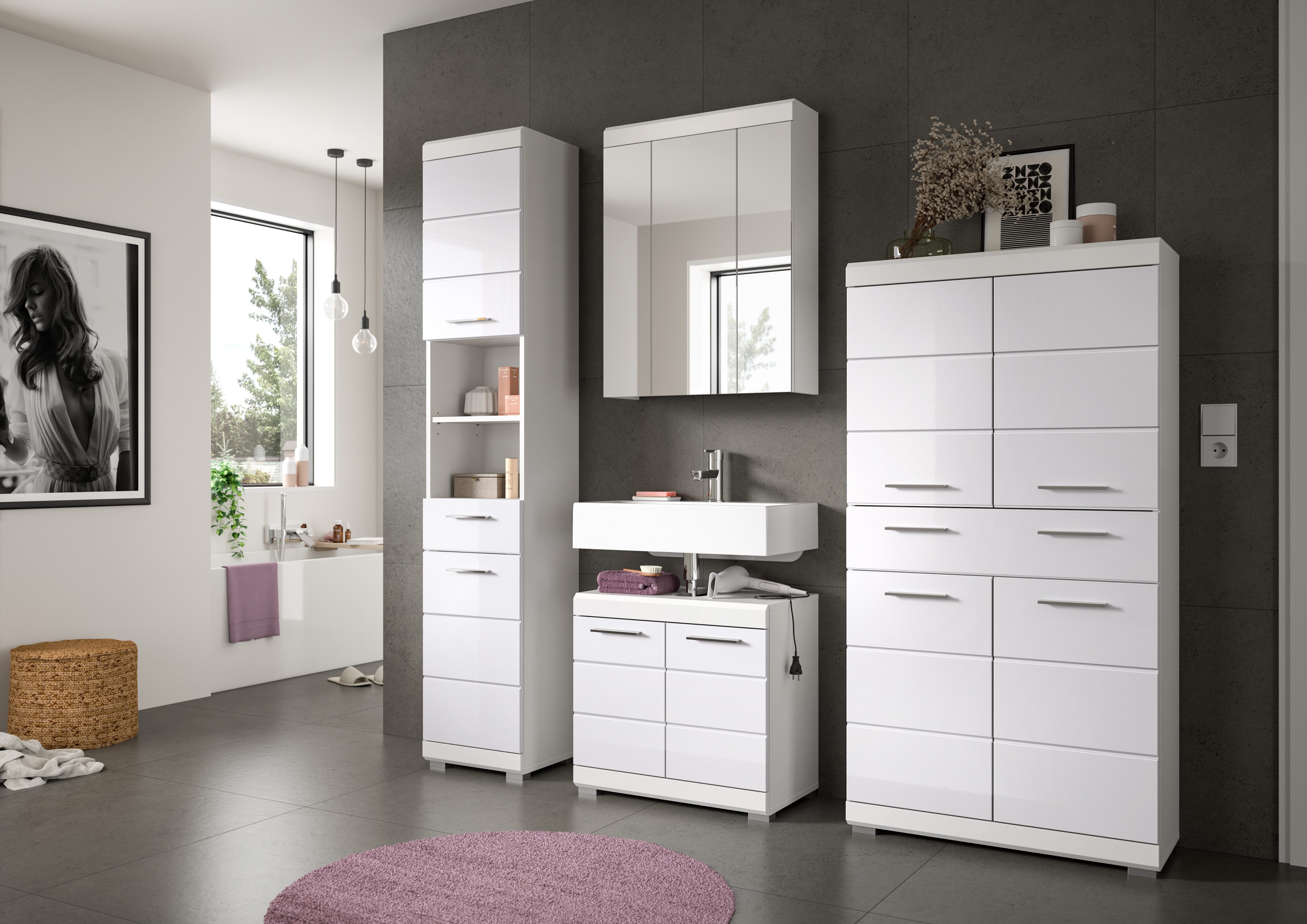 INOSIGN Badkamerserie Siena, 4-delig, bestaande uit: Hoge kast, wastafelonderkast, spiegelkast, middenkast (set, 4-delig)