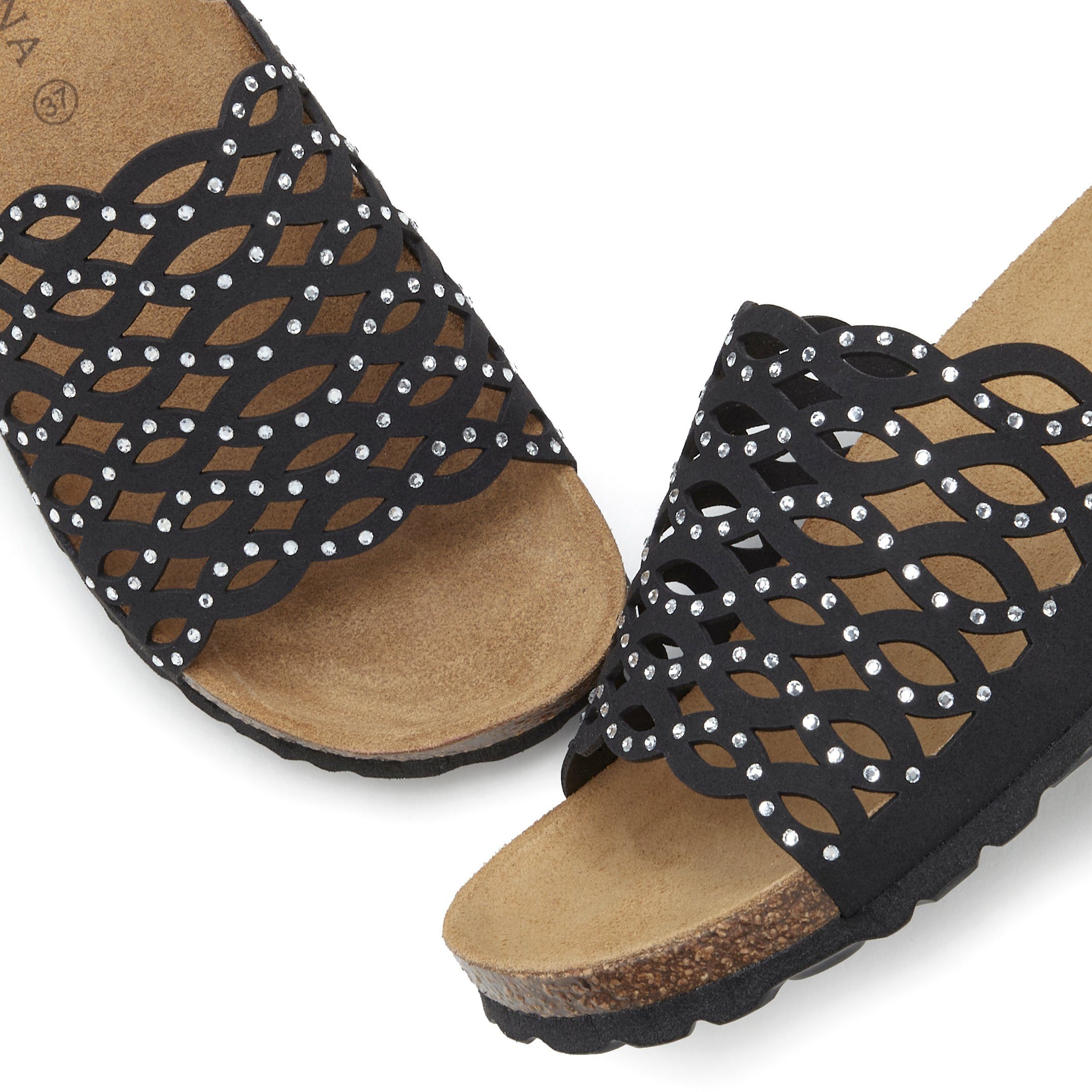 Lascana Slippers Mule, sandaal, open schoen met kurken voetbed en glinsterende steentjes