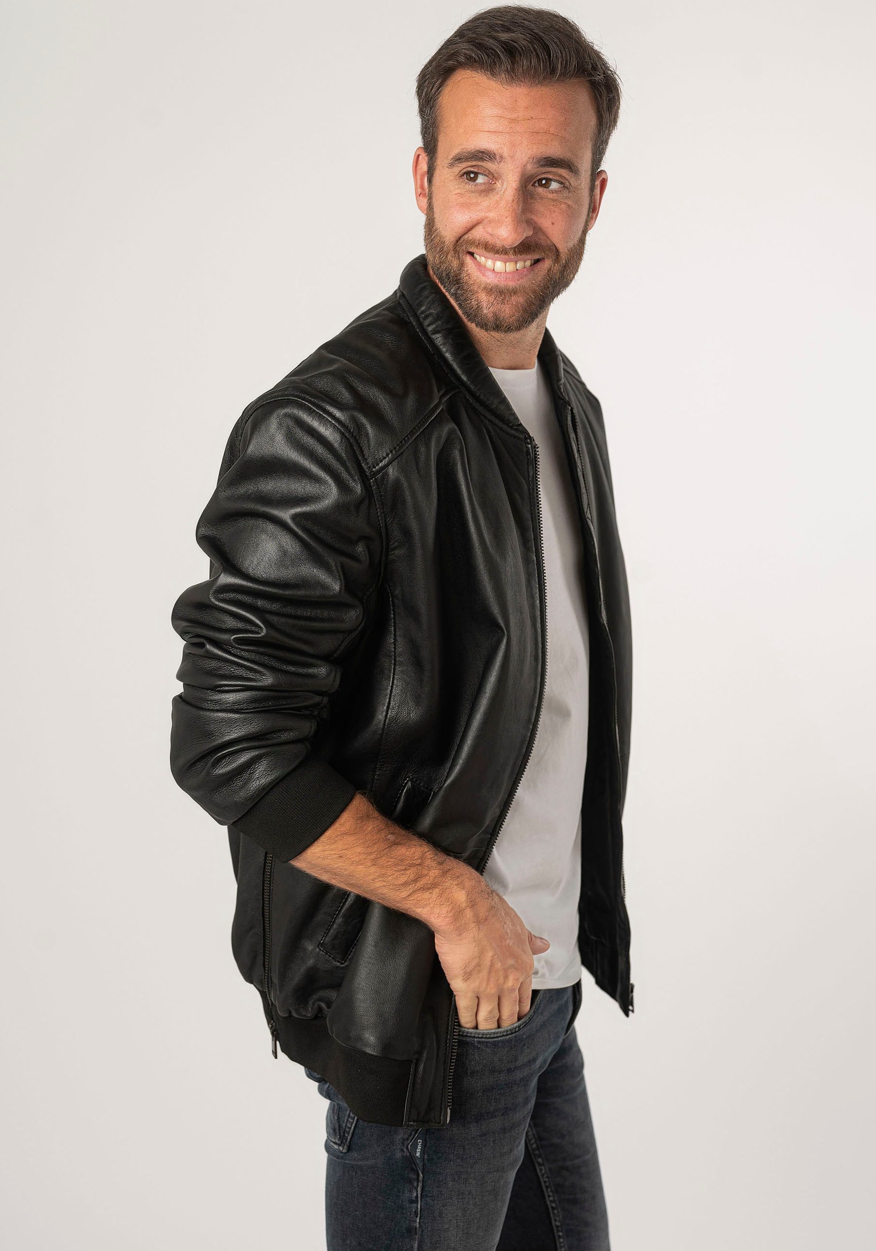 Mauritius Leren jack 2Mkaira OS met rits, gebreide boorden, mouwzak