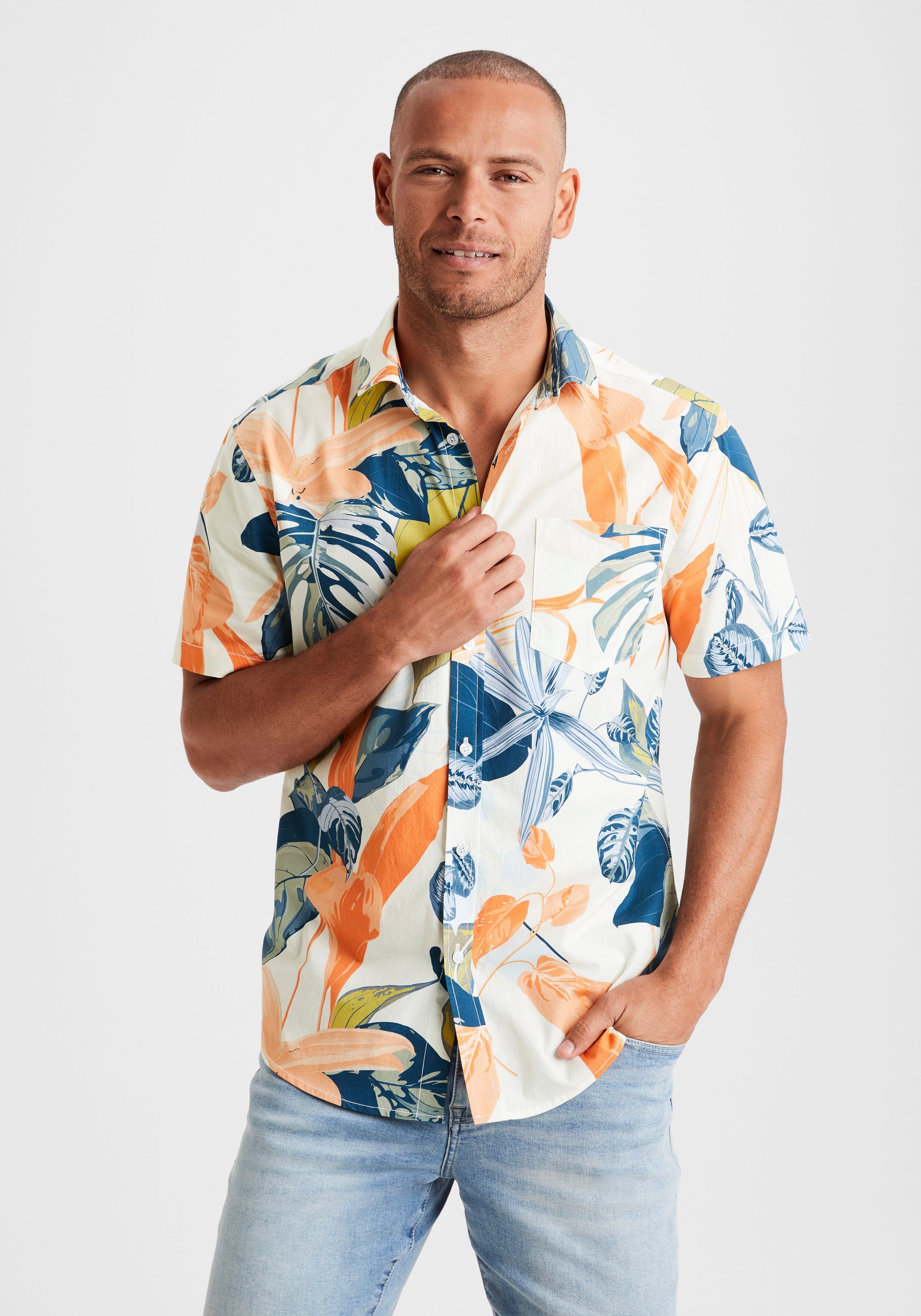 Beachtime Hawaï-overhemd Regular fit met kent-kraag, vrijetijdsshirt met bladerenprint van 100% katoen