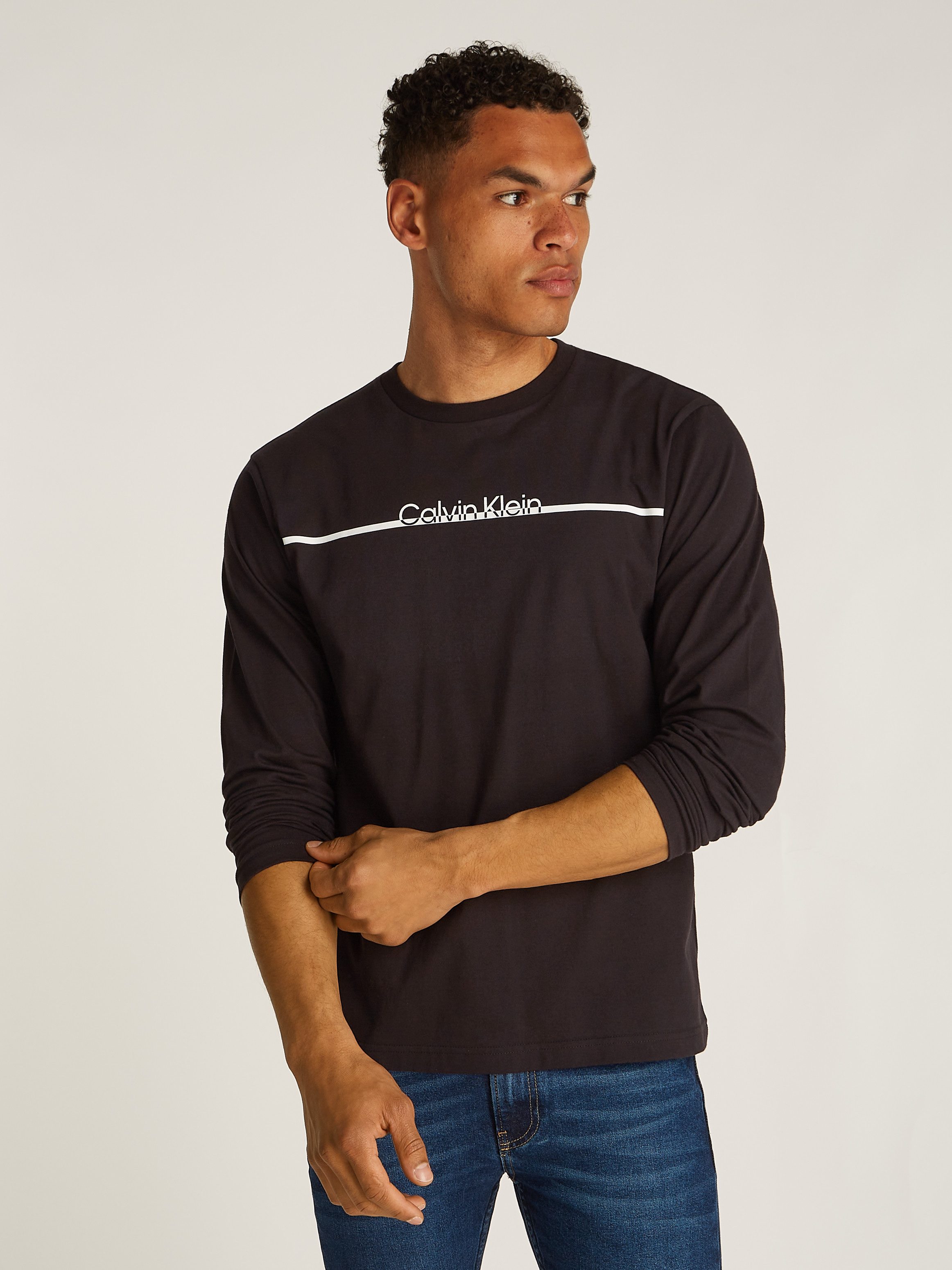 Calvin Klein Shirt met ronde hals SPLIT LINE LOGO LS T-SHIRT heren ronde hals maat L zwart