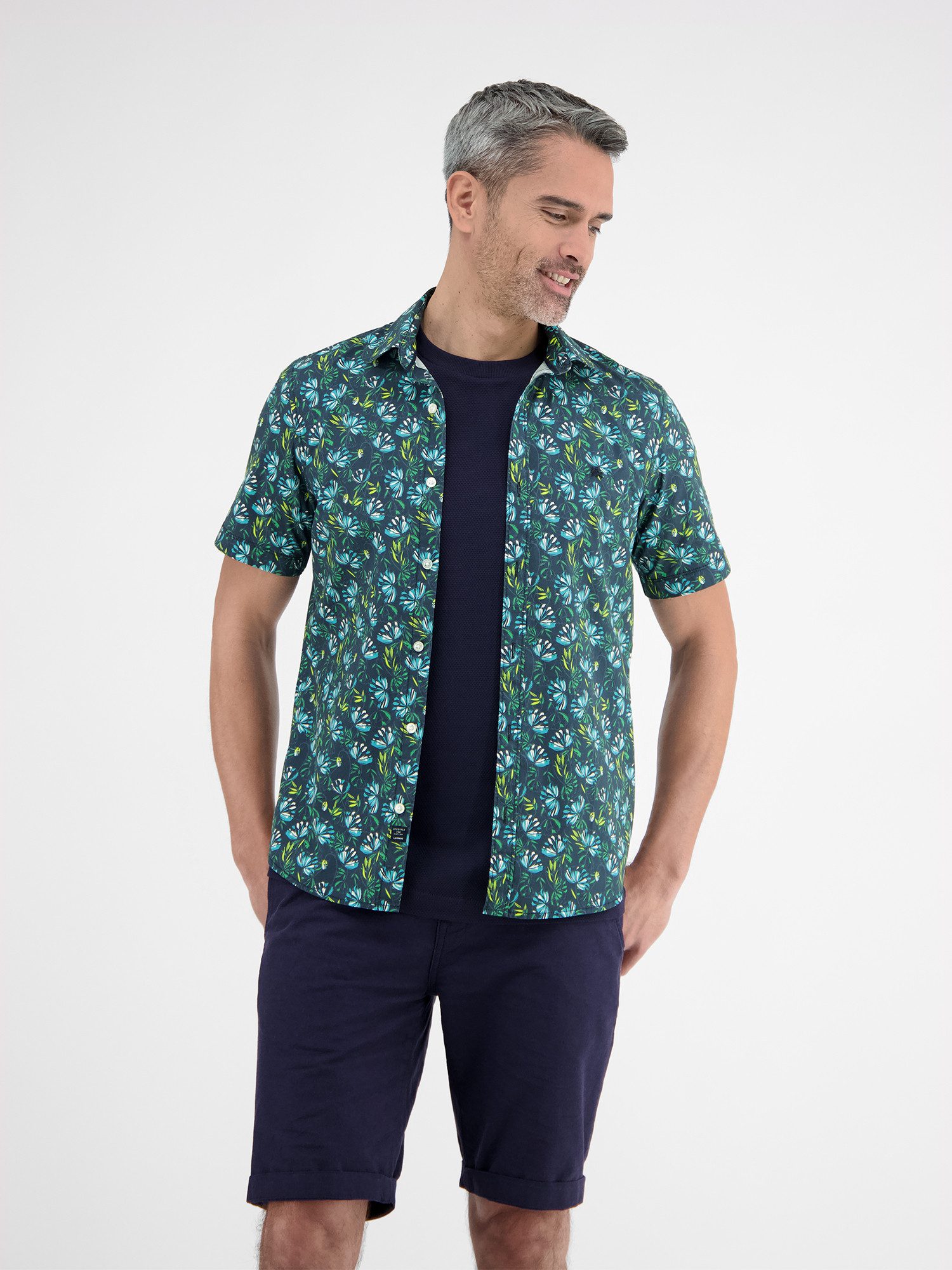 Lerros Overhemd met korte mouwen LERROS Heren poplin-stretch overhemd, bloemig gedessineerd