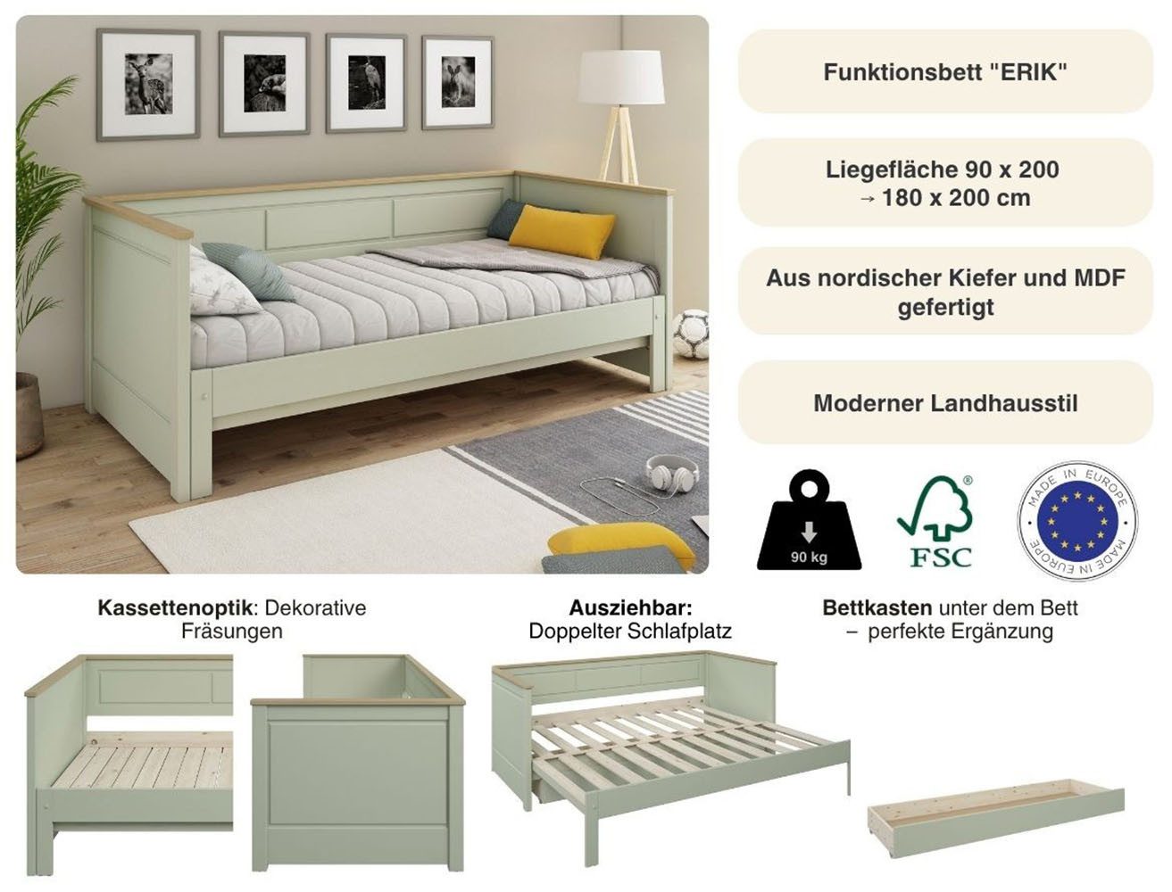 Lüttenhütt Functioneel ledikant ERIK TOPSELLER! Dagbed, Gastbed, Kinderbed, Massief hout (Vuren) 2. slaapplaats uitschuifbaar, moderne landhuisstijl, lade optioneel