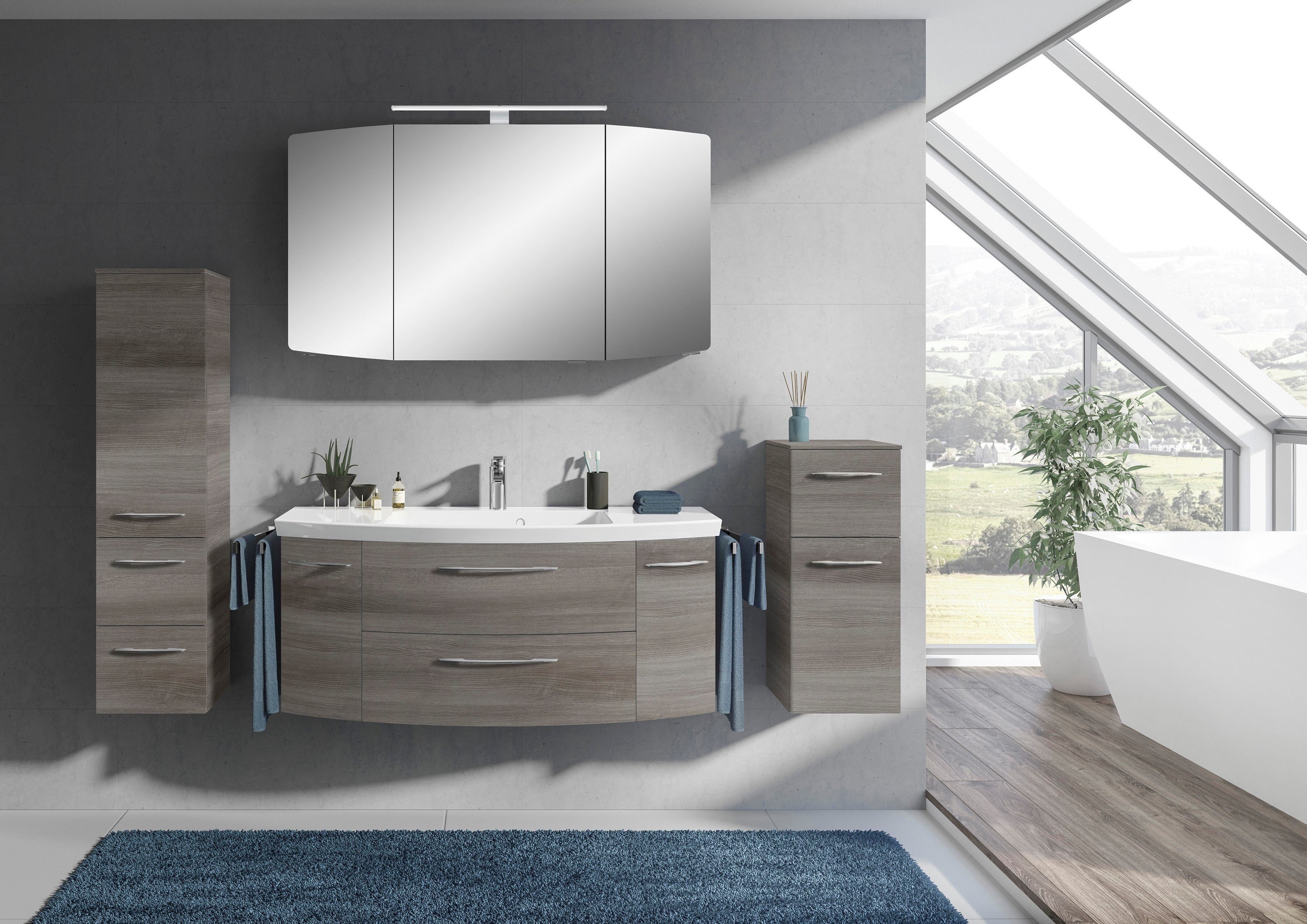 Saphir Badkamerserie Cassca sprint 4-delig mineraalmarmeren wastafel met led-spiegelkast (5-delig) badmeubelsets grijs