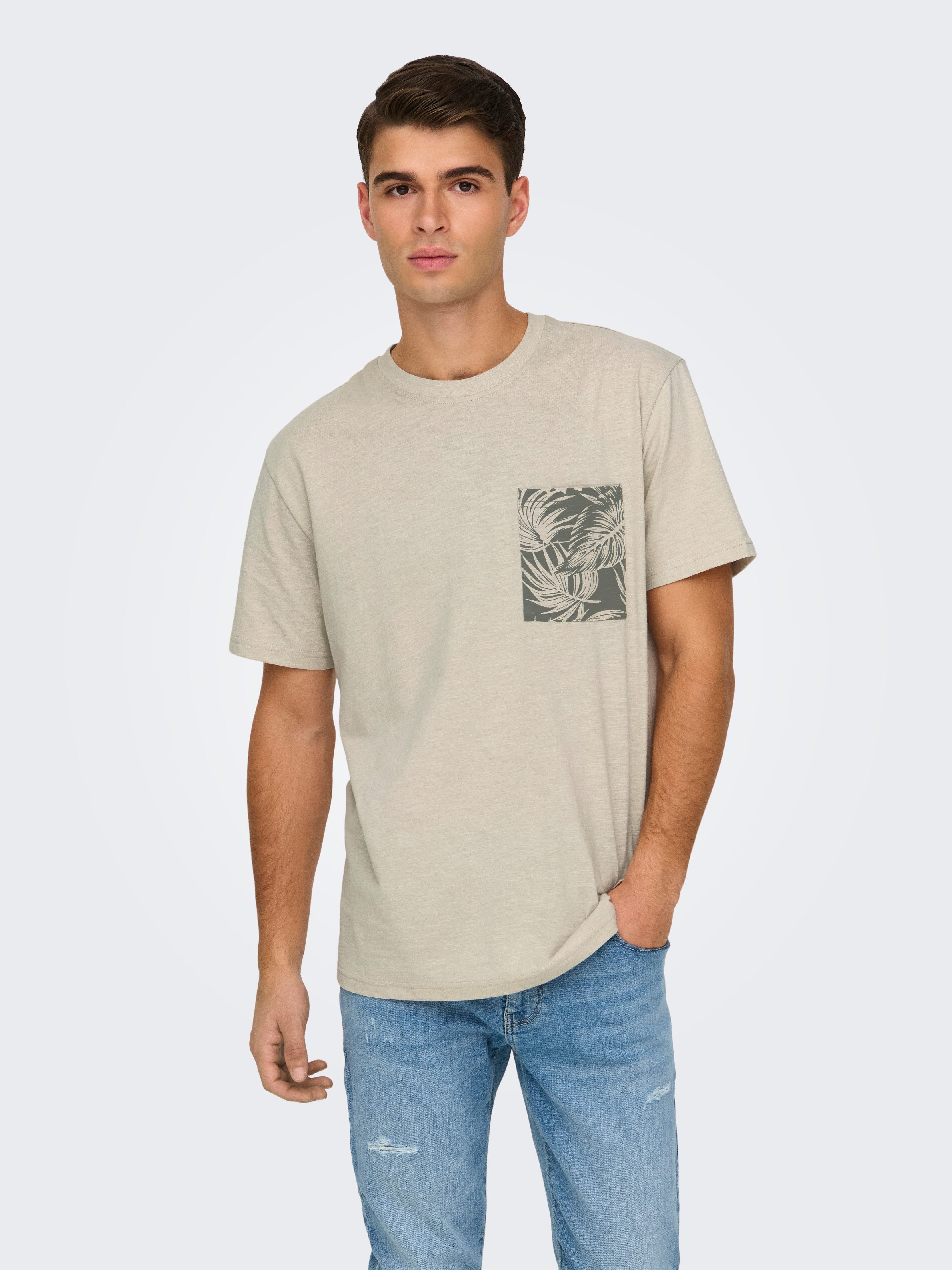 ONLY & SONS Shirt met ronde hals ONSPERRY LIFE REG LEAF POCKETTEE