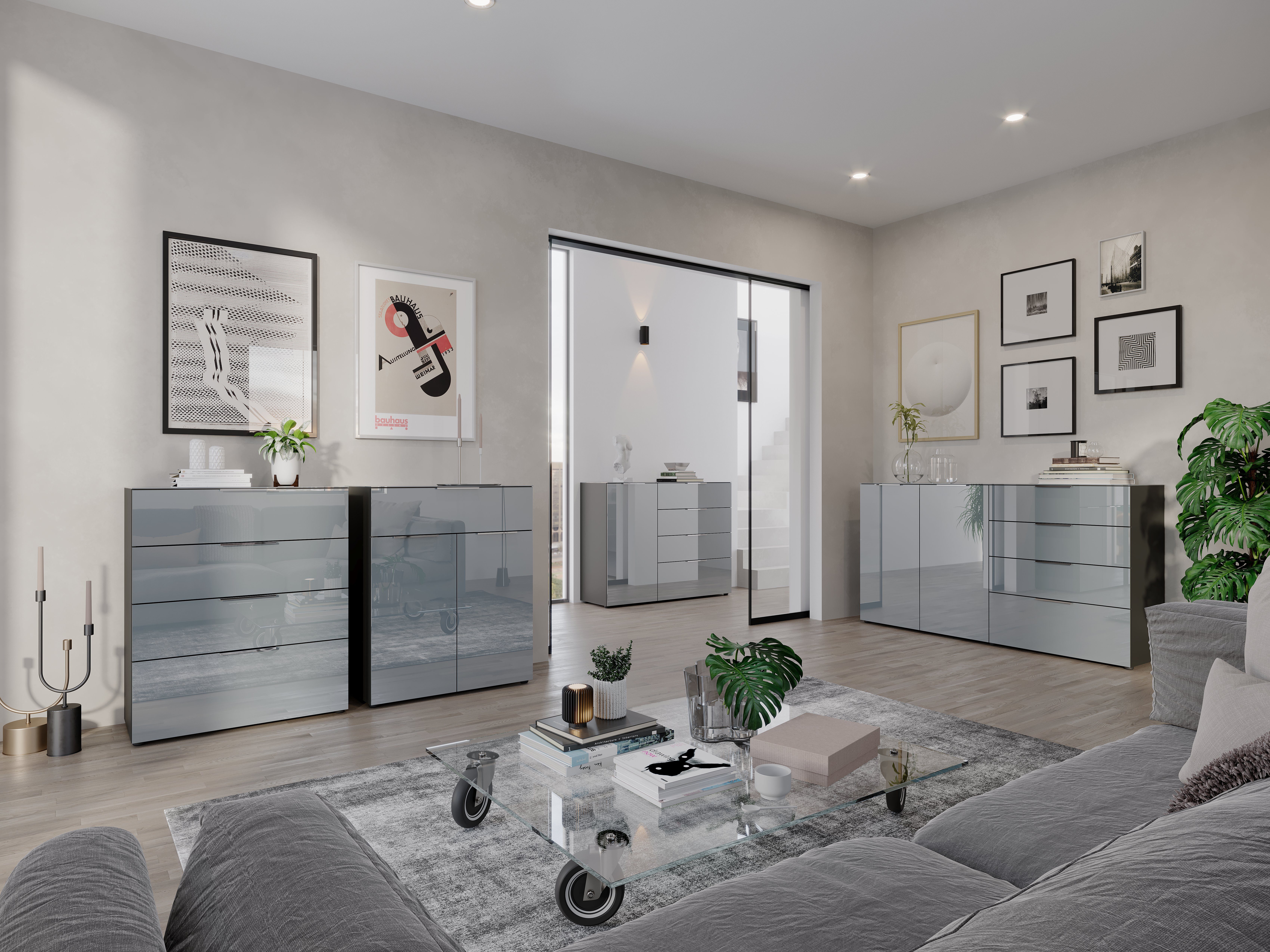 GERMANIA Kast met laden en deuren OAKLAND Breedte 83 cm , fronten en bovenblad met glas-inlay
