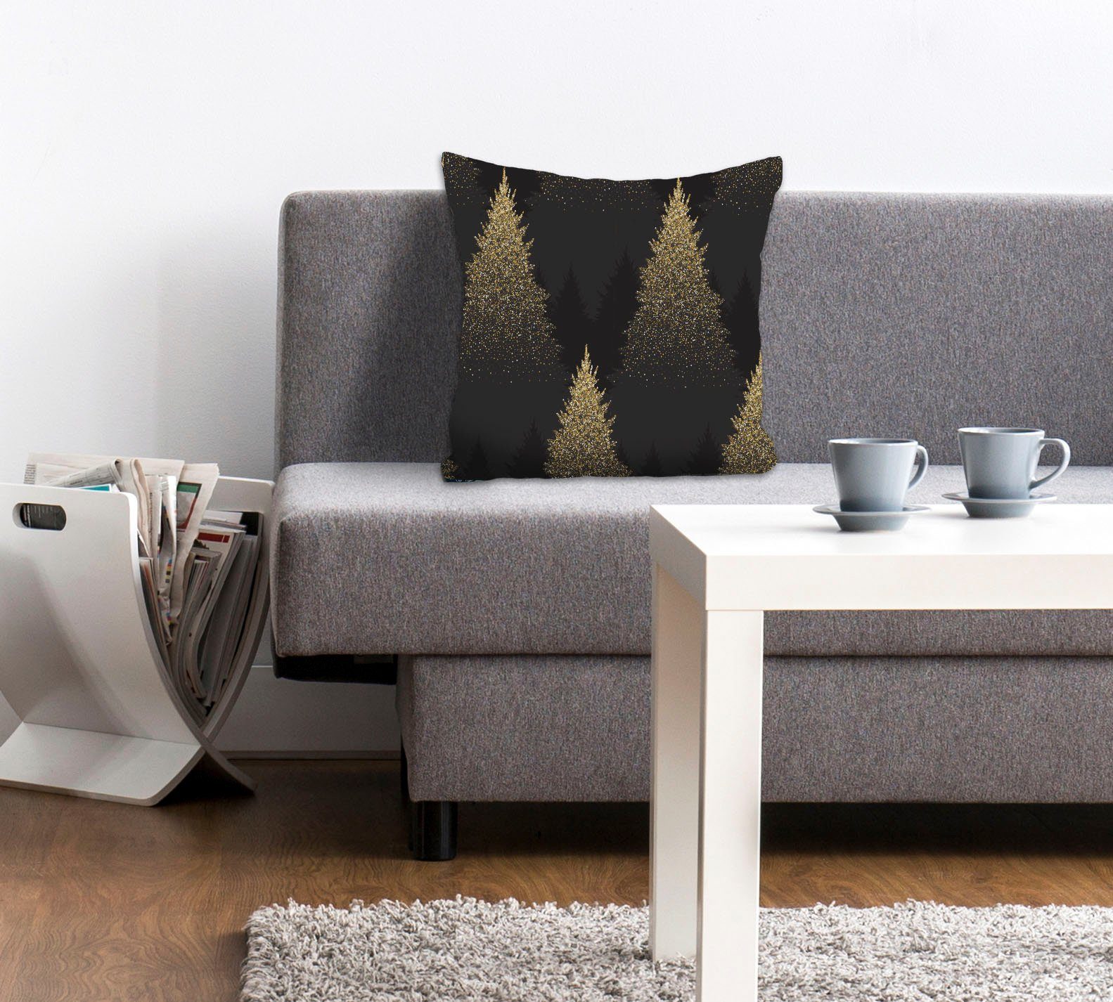queence Sierkussen HANNAH Kussenhoes, zwart, kerstbomen, glitters, bos, kerst, feestelijk (1...