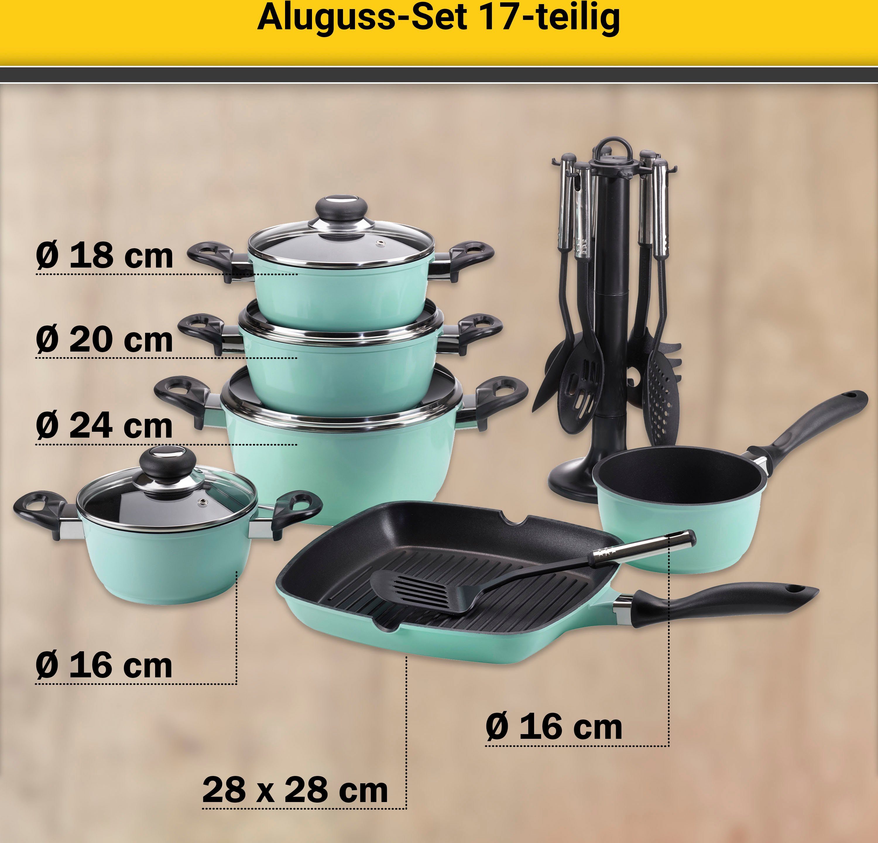 Krüger Pannenset Aluminium pot- en pan-set inclusief praktische keukenhulpmiddelen, 17-delig. (set)