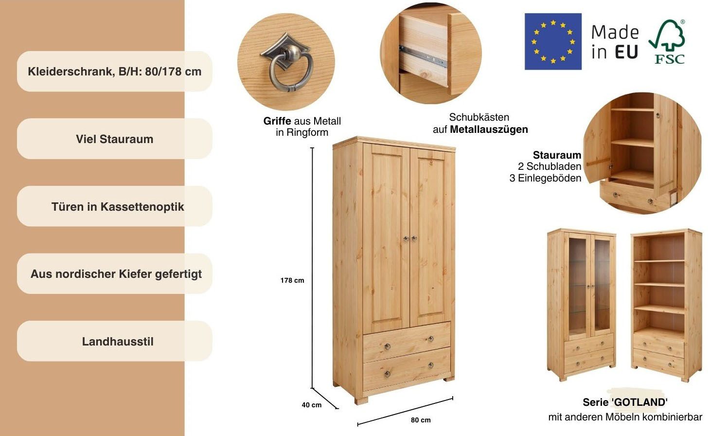 Home affaire Kledingkast Gotland massief grenen, fsc® gecertificeerd, duurzame kwaliteit ontmoet stijl