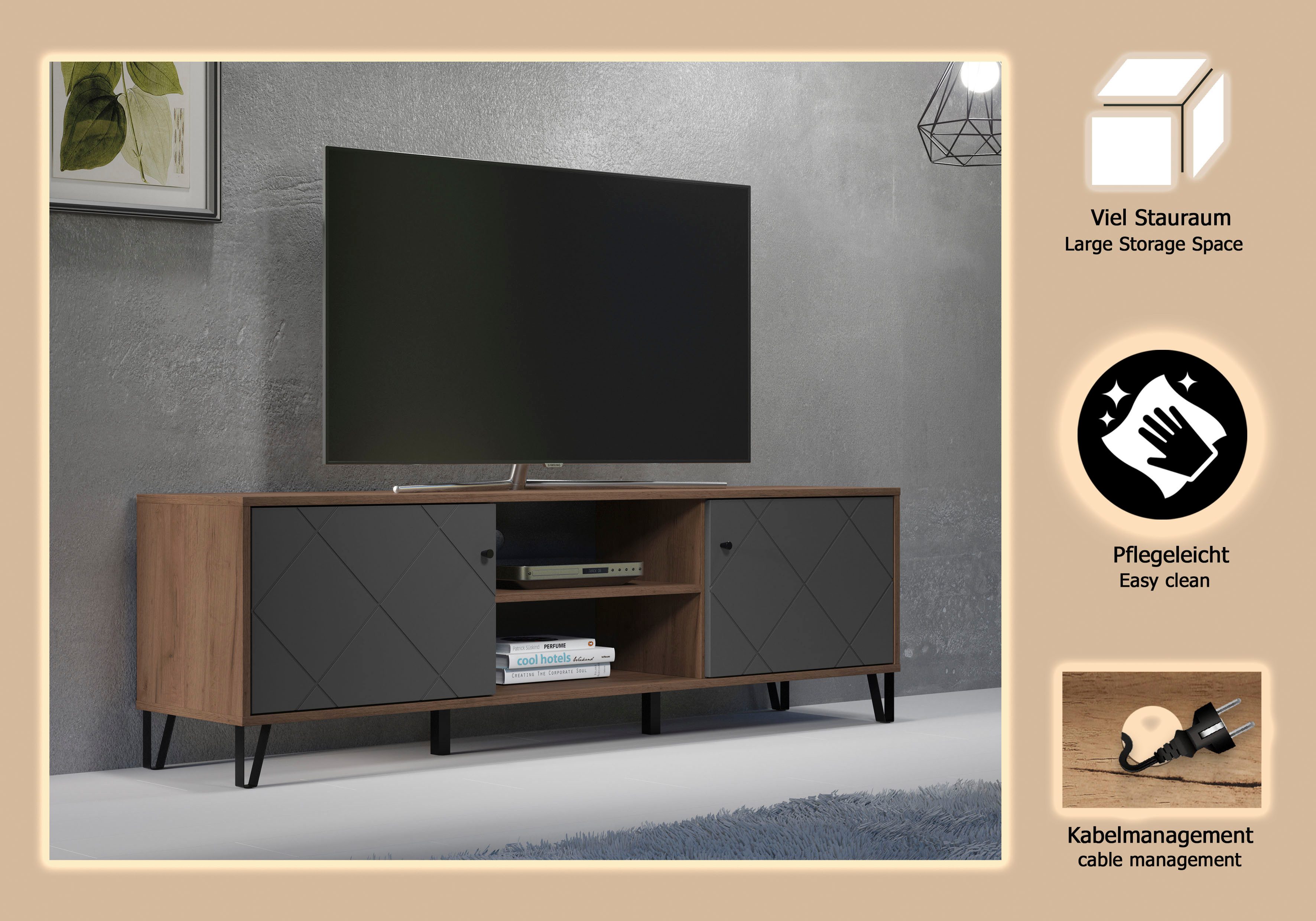 Places of Style Tv-meubel MOLVENO Commode, met gestructureerde fronten, Soft-Close, B 183 cm (1 stuk)