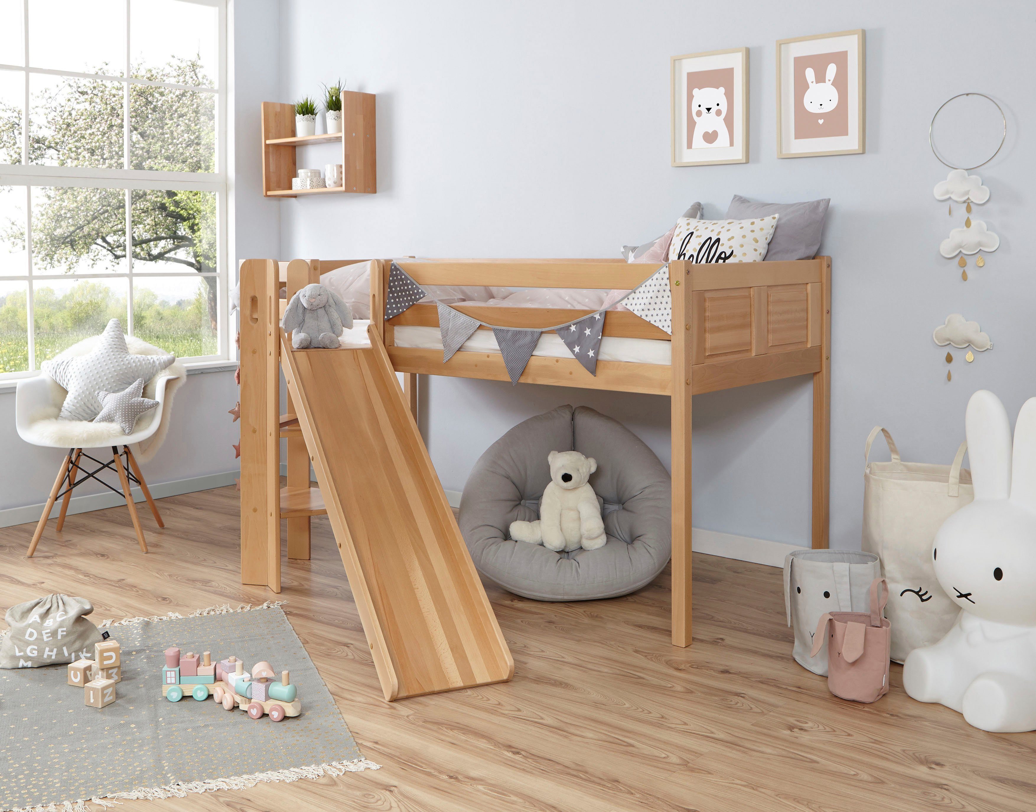 Ticaa Hoogslaper Ekki met rolbodem naar keuze met matras, beuken hoogslapers beige