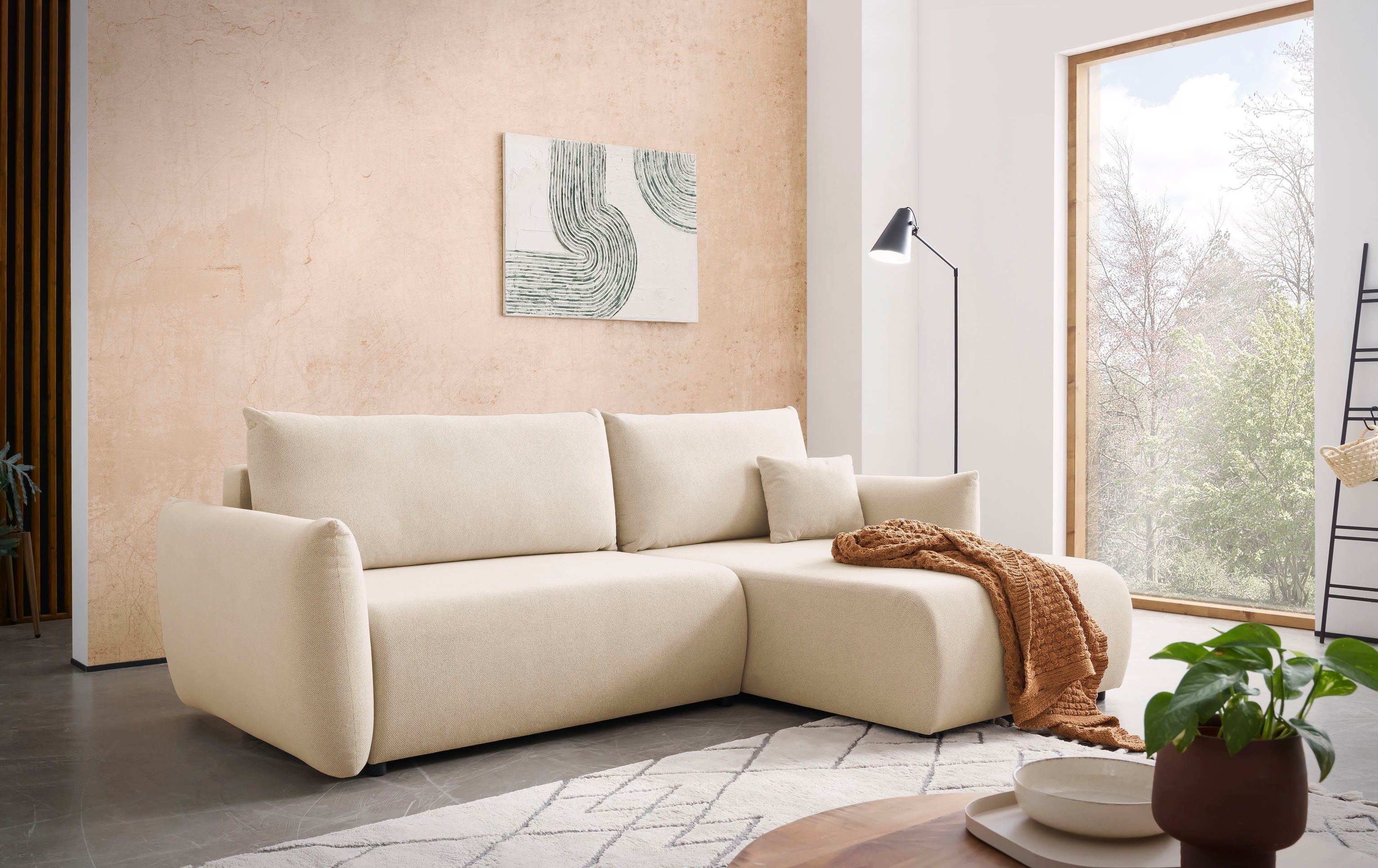 INOSIGN Hoekbank MAVAS bedbank met bedkist, L-model, ca. 257/127 cm (ligoppervlak 212/145 cm), ribfluweel, chenille, structuur