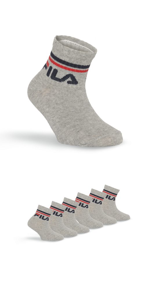 Fila Korte sokken JUNIOR UNISEX QUARTER PLAIN SOCKS met gebreid logo in de ribband, kindersokken (set, 6 paar) jongens sportsokken maat 23-26 grijs