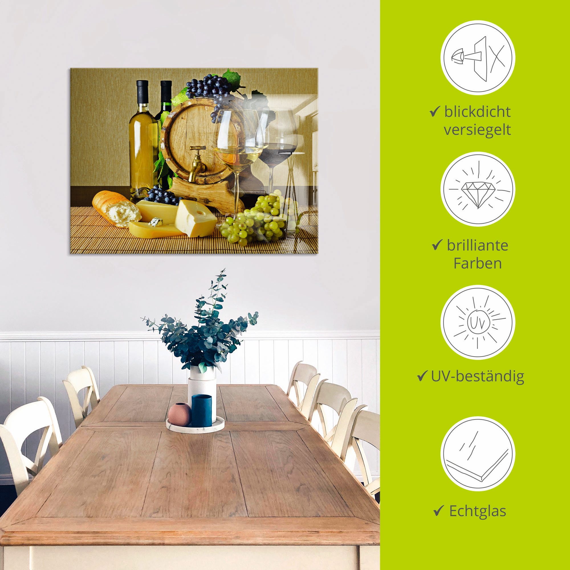 Artland Print op glas Kaas, wijn en druiven in verschillende maten