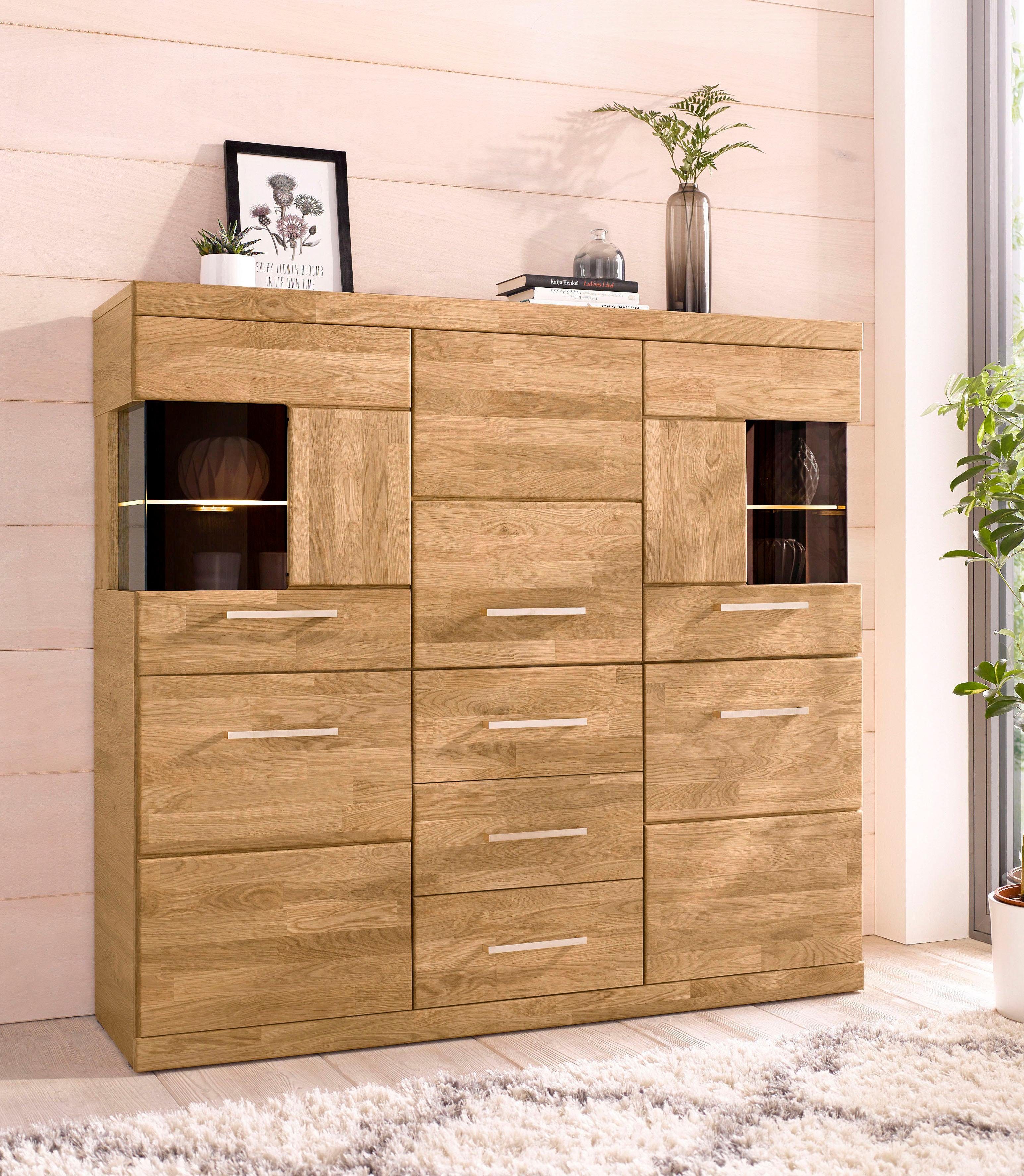 Home affaire Highboard Ribe,125cm breit,115cm hoch, Fronten Massivholz,5Türen,3 Schubladen Breedte 125 cm met 2 glasdeuren highboards maat 125x35x115