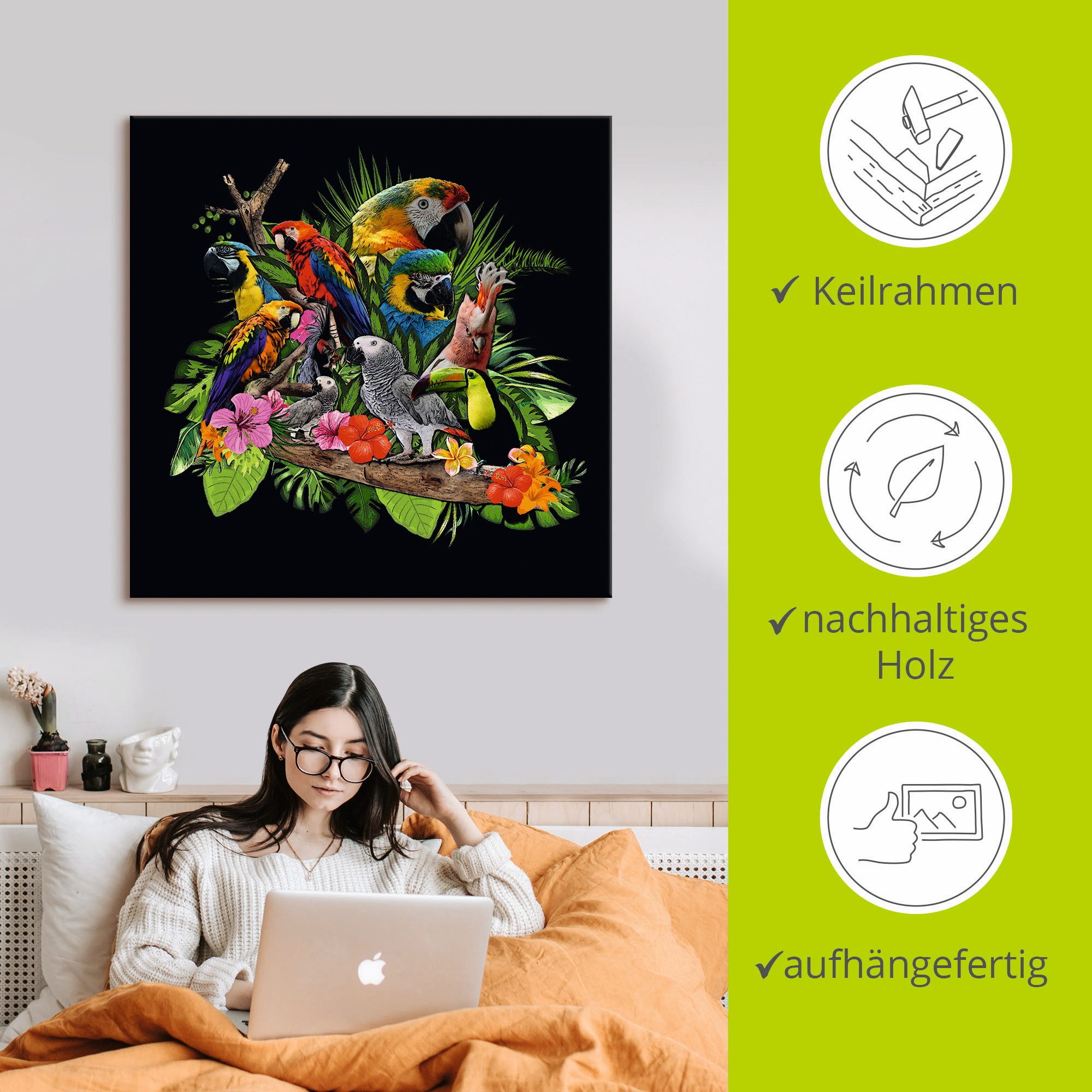 Artland Artprint Papegaaien Grijze Papegaai Kaketoe Jungle als artprint van aluminium, artprint voor buiten, artprint op linnen, poster, muursticker