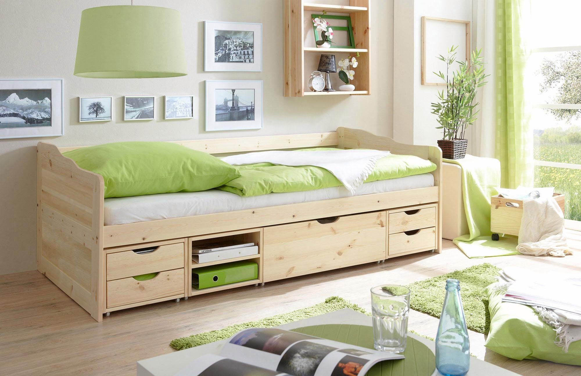 Ticaa Functioneel ledikant MARLIES met laden, grenen eenpersoonsbedden beige
