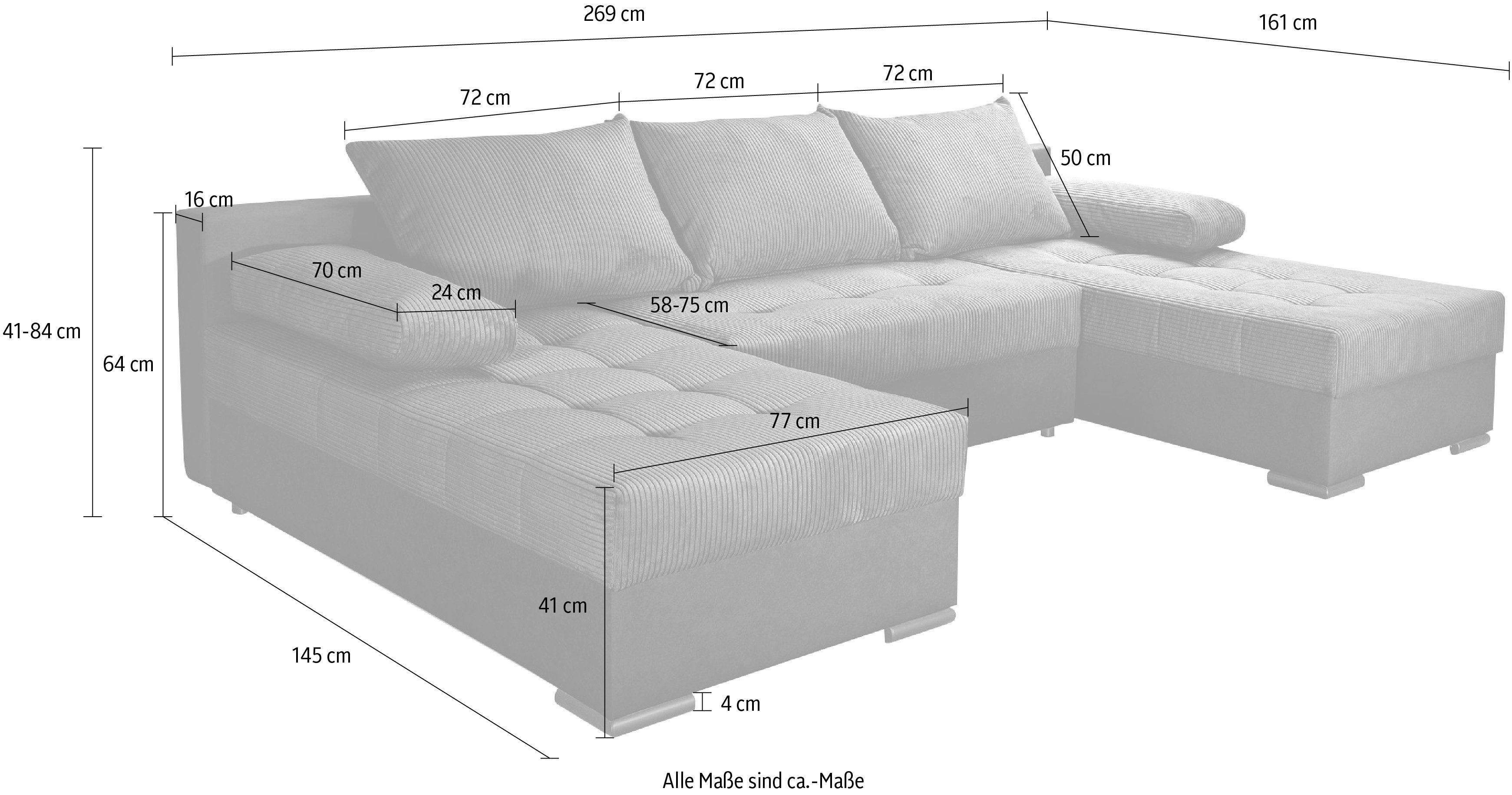 INOSIGN Zithoek Josy U-vorm incl. bedfunctie, bedbox en kussens, met 2 recamieren