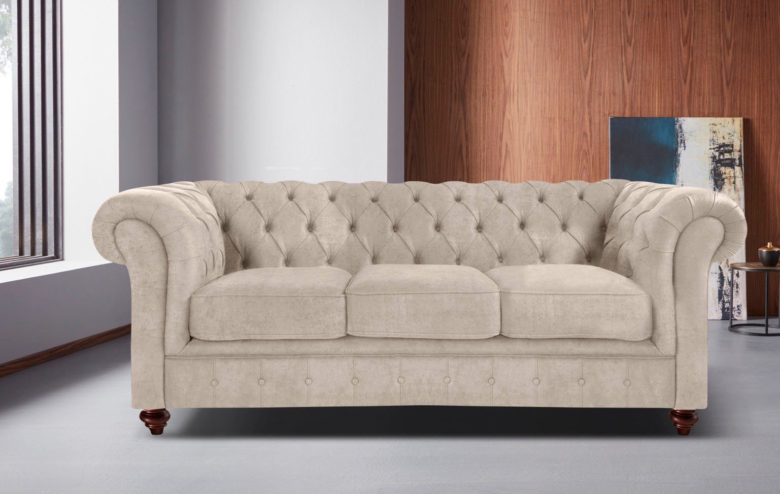 Home affaire Chesterfield-bank Chesterfield 3-zits B/D/H: 198/89/74 cm met hoogwaardige knoopdetails, ook in leer