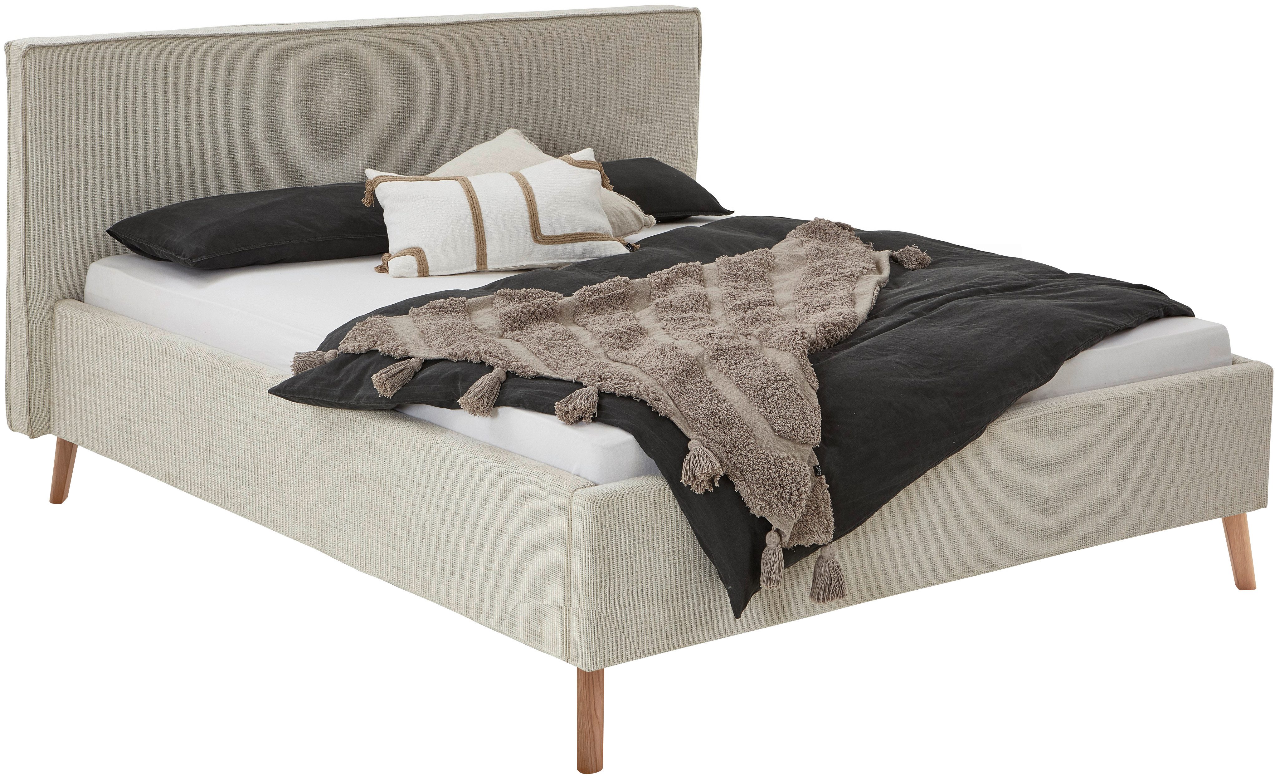 meise.möbel Gestoffeerd bed Riva met eikenkleurige houten poten, naar keuze met bedkist en lattenbodem