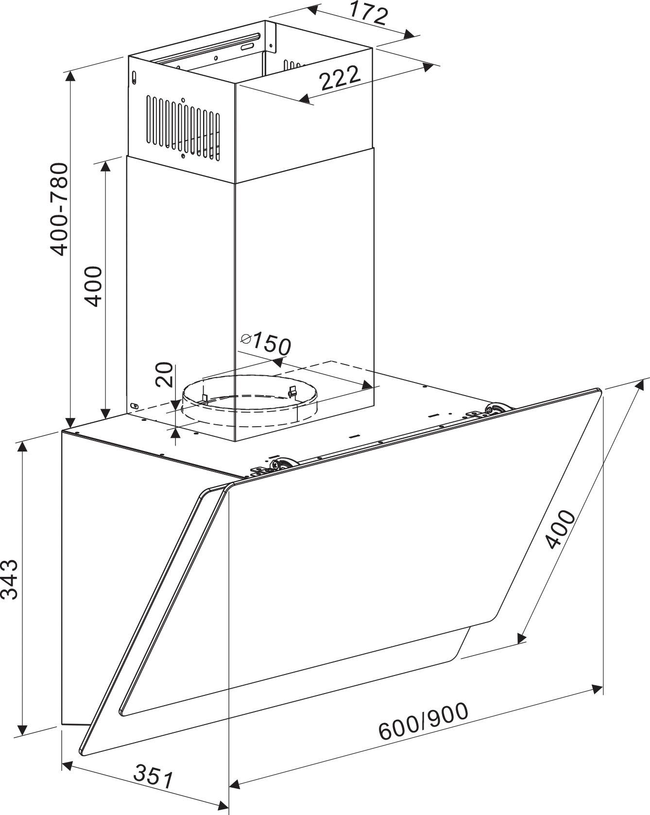 RESPEKTA Schuine wandkap CH 77090 90 cm, 3 vermogensniveaus, led-verlichting, geschikt voor afzuiging en recirculatie